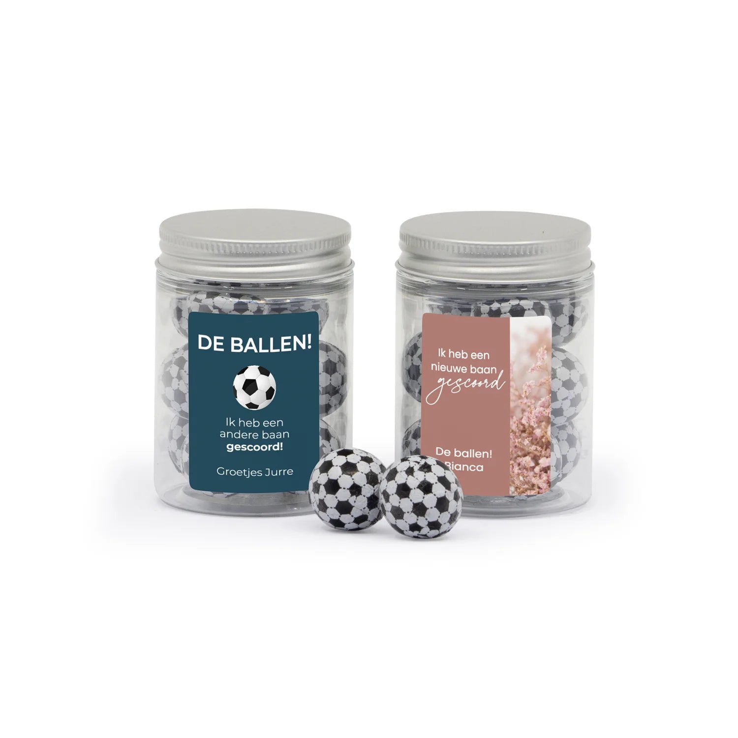 De ballen in potje met eigen etiket - Afscheid collega - Bedankjes.nl