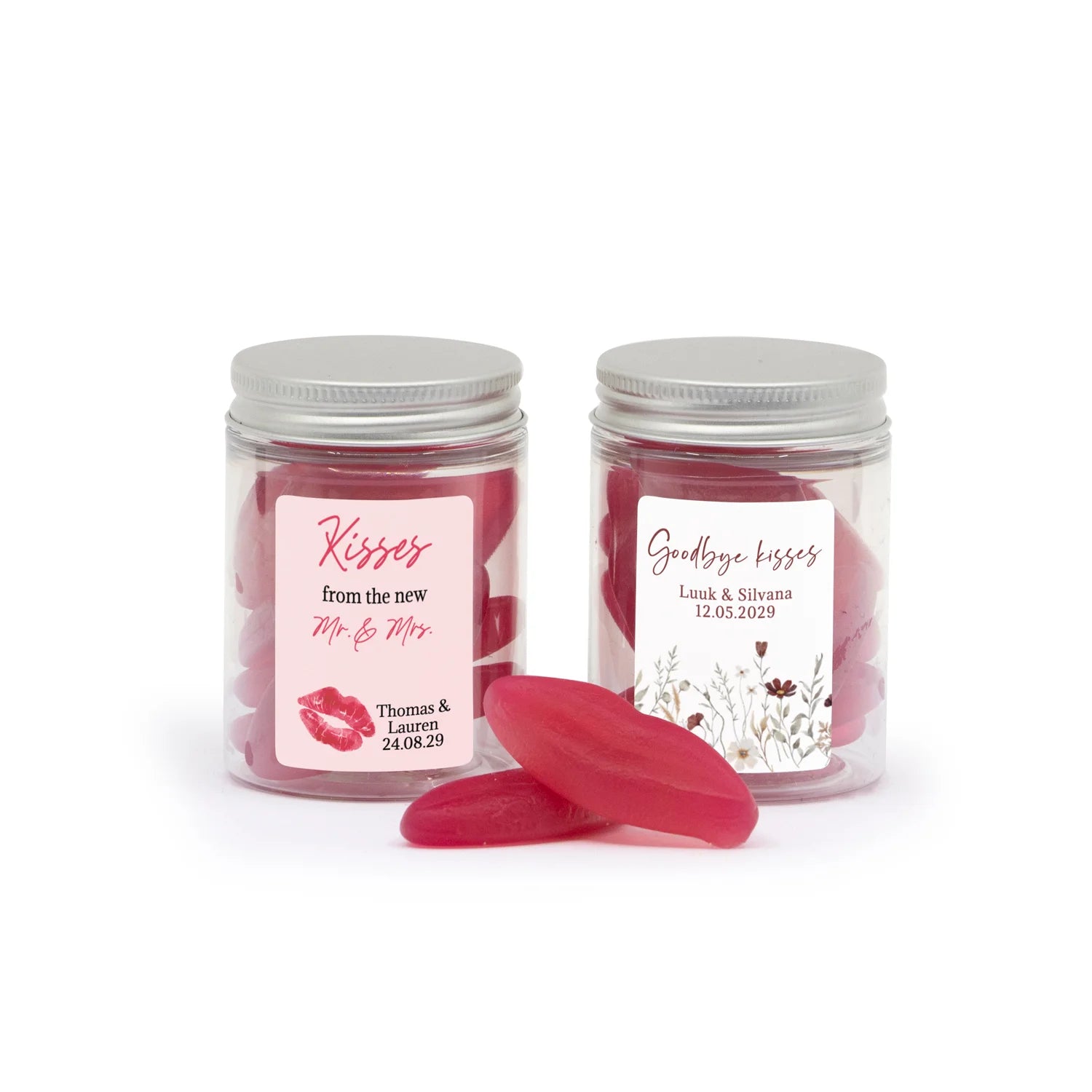 Goodbye kisses in potje eigen etiket - Trouwen - Bedankjes.nl
