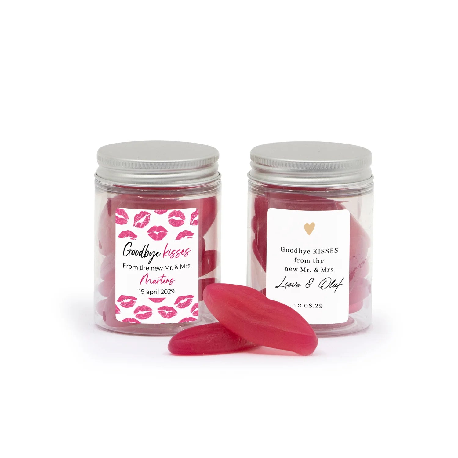 Goodbye kisses in potje eigen etiket - Trouwen - Bedankjes.nl