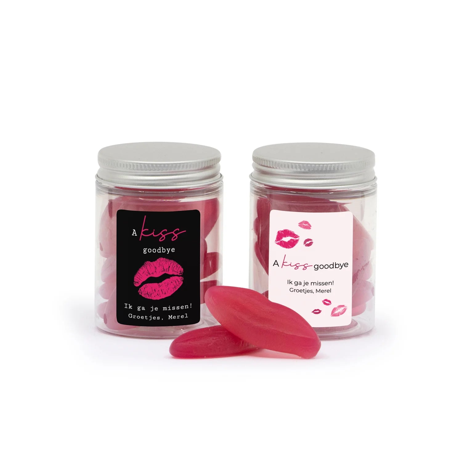 Goodbye kisses in potje eigen etiket - Afscheid collega - Bedankjes.nl