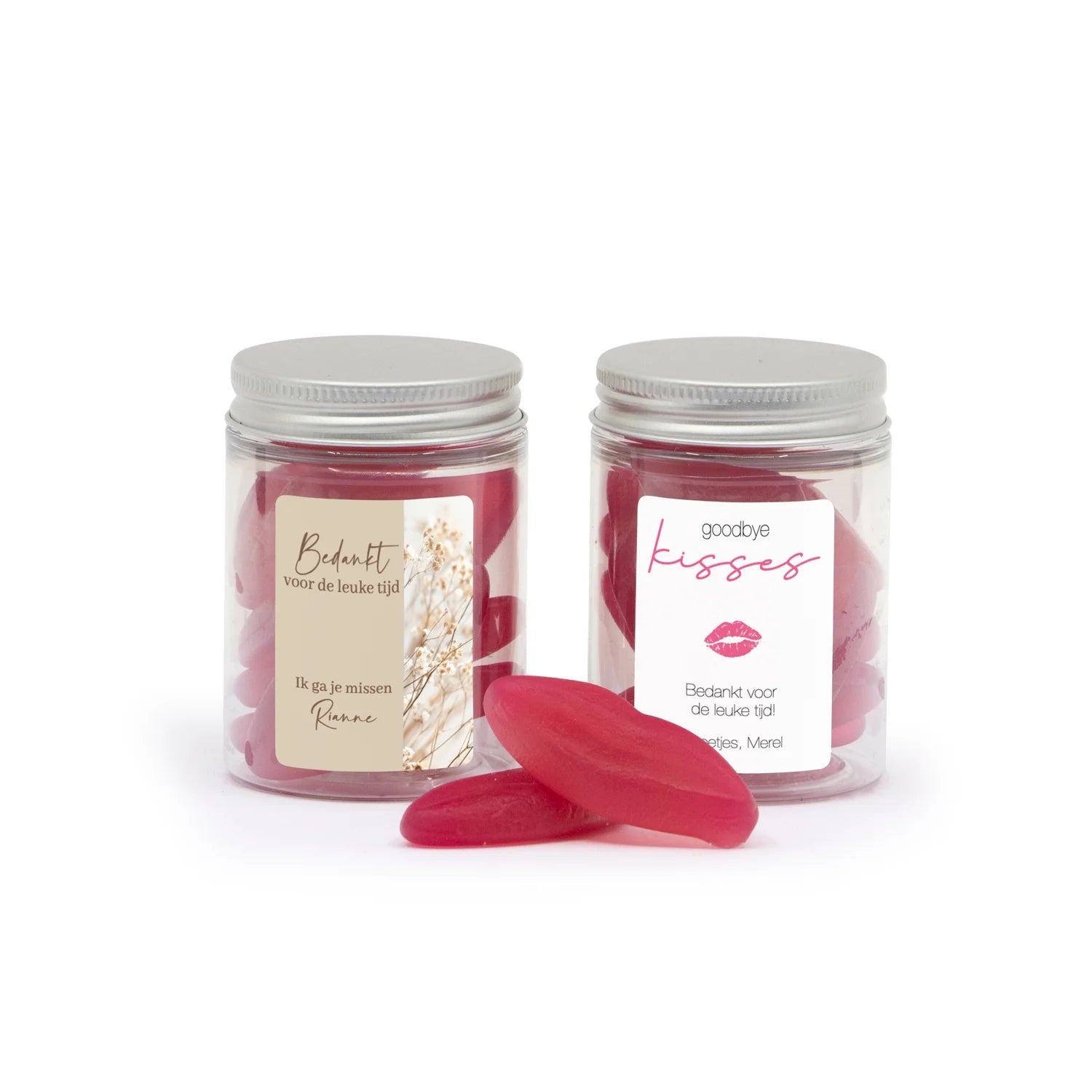 Goodbye kisses in potje eigen etiket - Afscheid collega - Bedankjes.nl