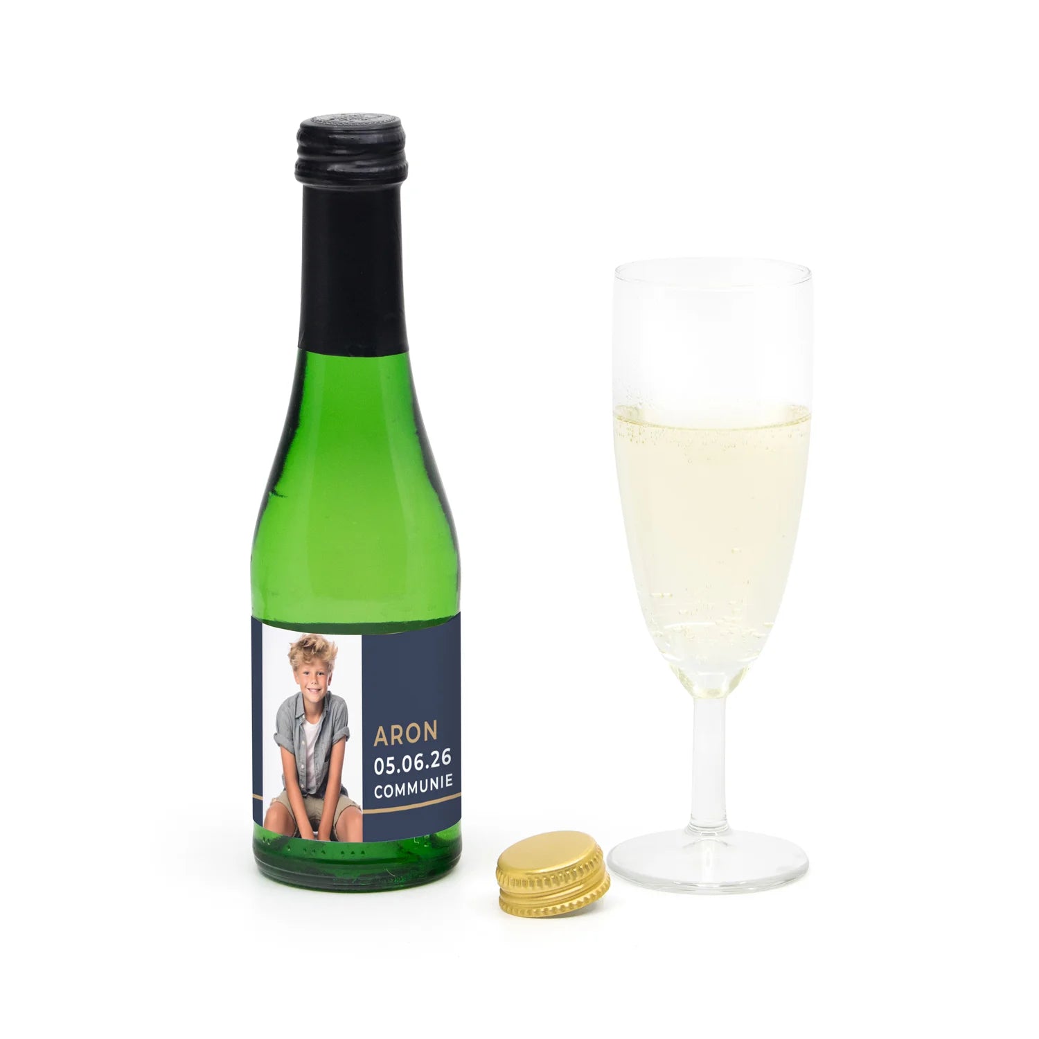 Flesje alcoholvrije prosecco met eigen etiket - Communie jongens