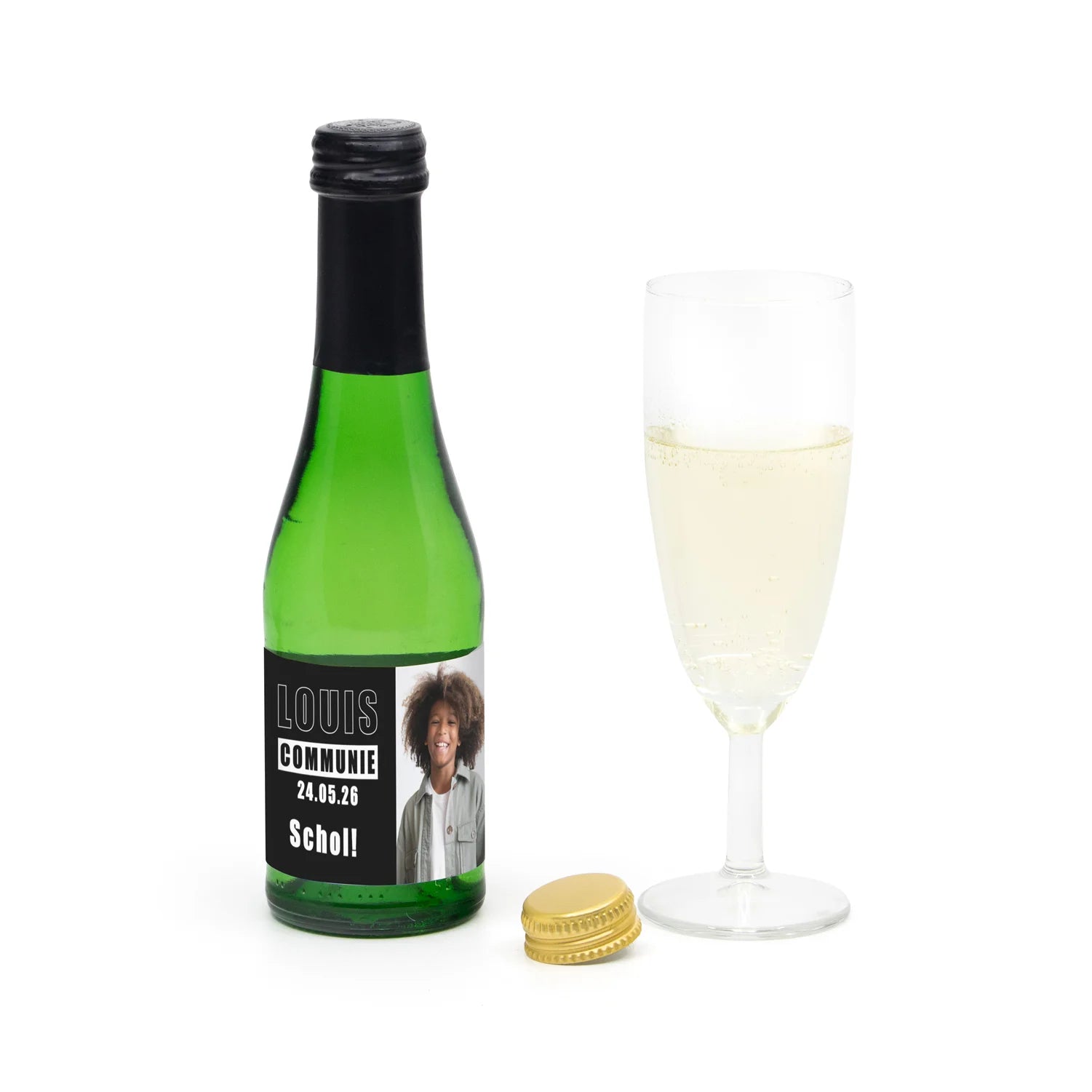 Flesje alcoholvrije prosecco met eigen etiket - Communie jongens