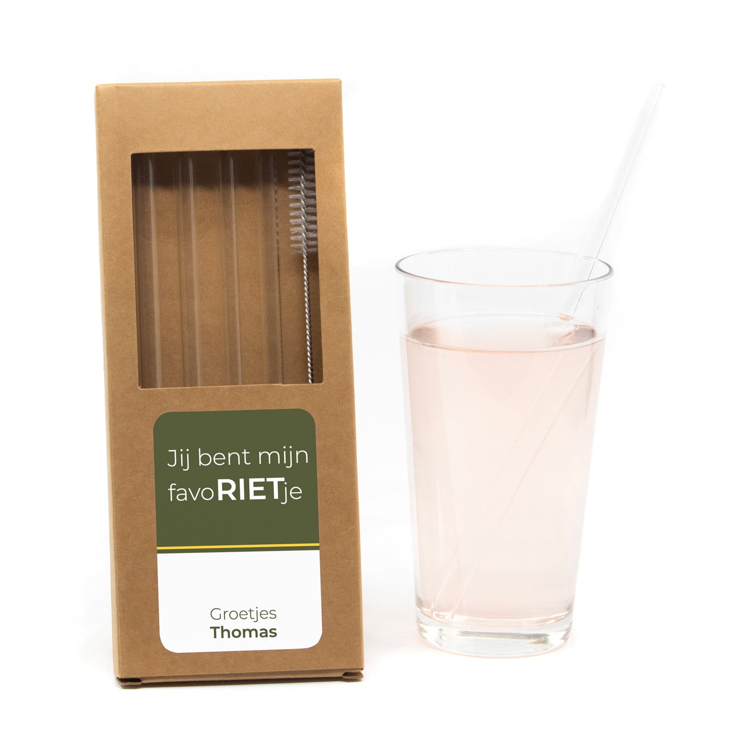 FavoRIETJES - 4 Glazen rietjes met persoonlijk etiket - Afscheid collega - Bedankjes.nl