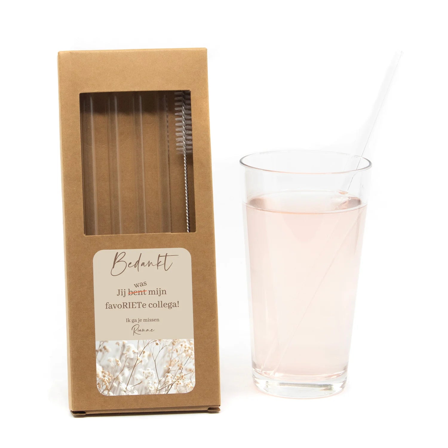 Glazen rietjes met persoonlijk etiket - Afscheid collega - Bedankjes.nl