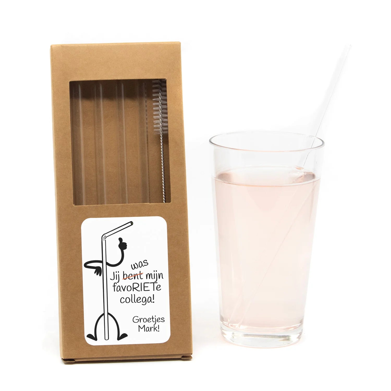 Glazen rietjes met persoonlijk etiket - Afscheid collega - Bedankjes.nl