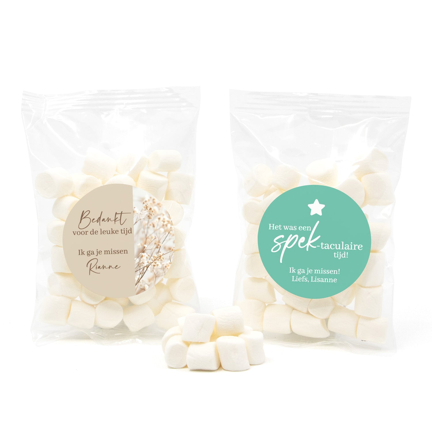 Zakje mini spekjes met eigen etiket - Afscheid collega - Bedankjes.nl