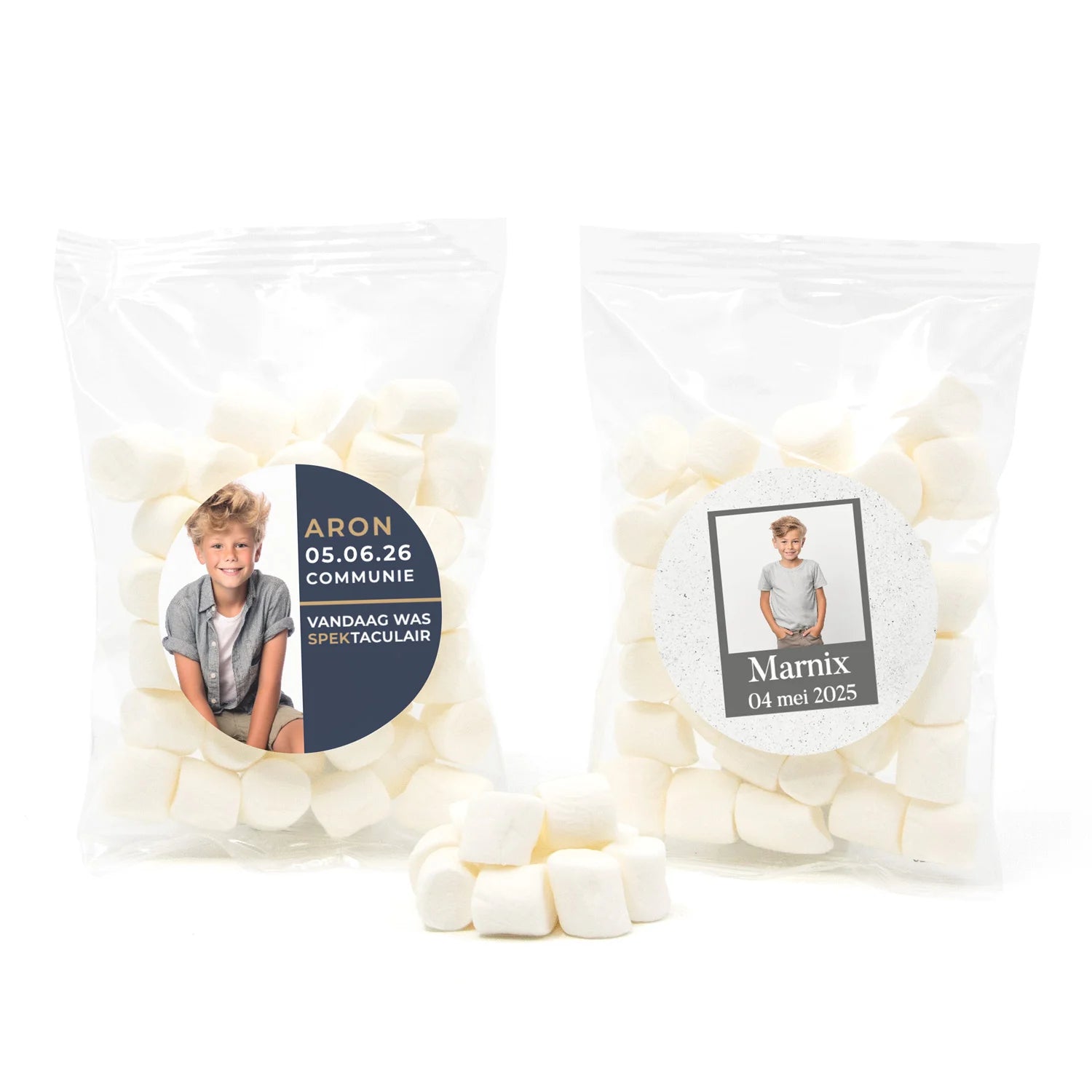 Zakje mini spekjes met eigen etiket - Communie jongens - Bedankjes.nl