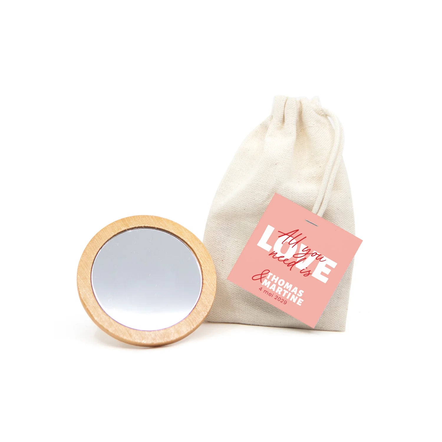 Spiegeltje in katoenen zakje met kaartje - Trouwen - Bedankjes.nl