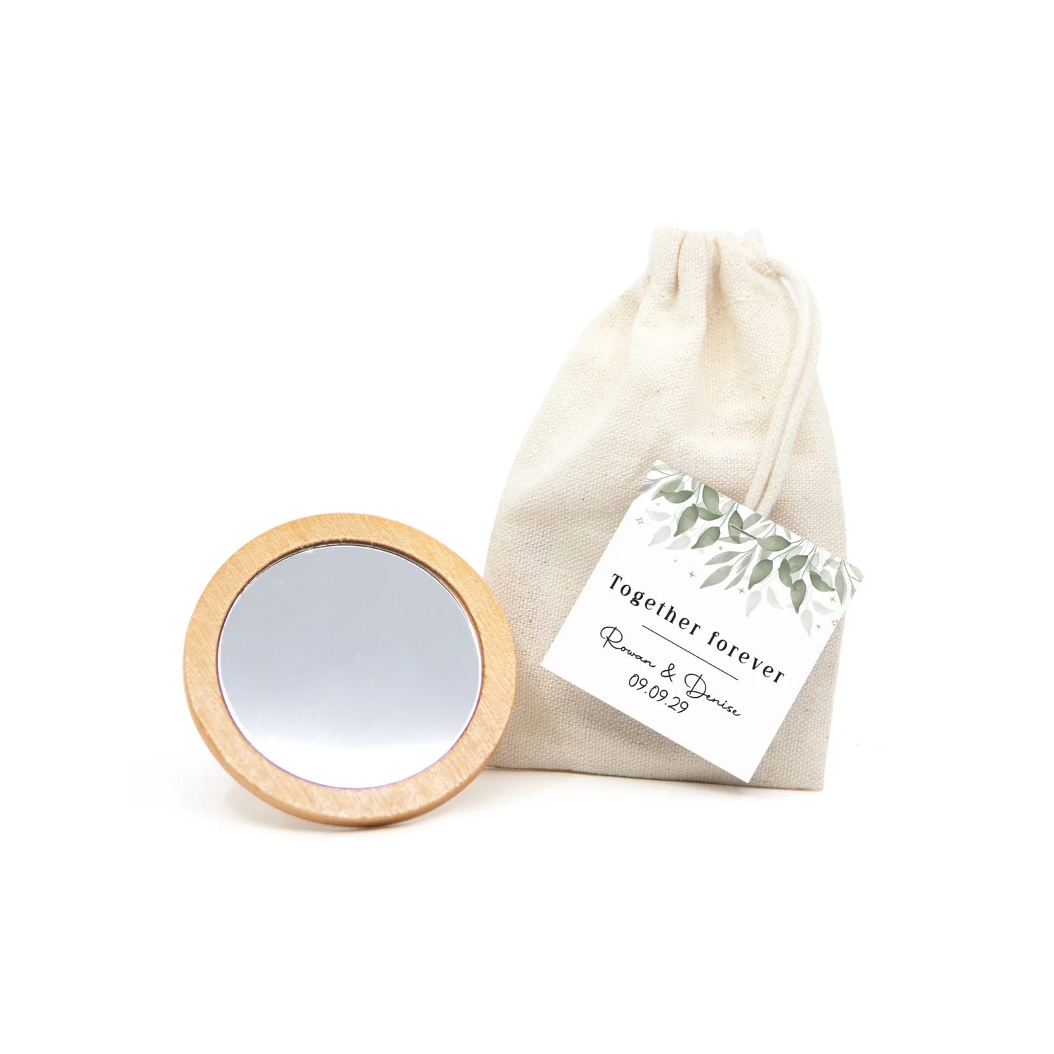 Spiegeltje in katoenen zakje met kaartje - Trouwen - Bedankjes.nl