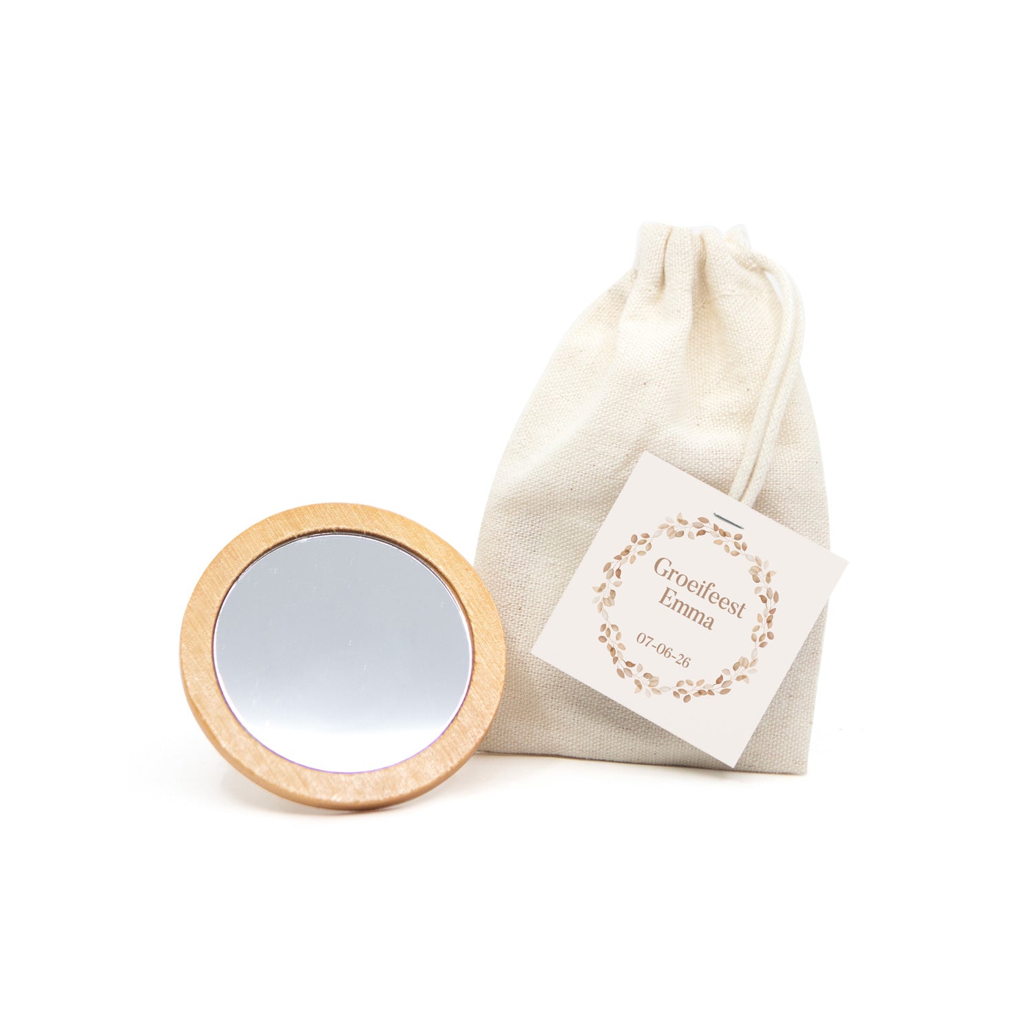 Spiegeltje in katoenen zakje met kaartje - Communie meisjes - Bedankjes.nl