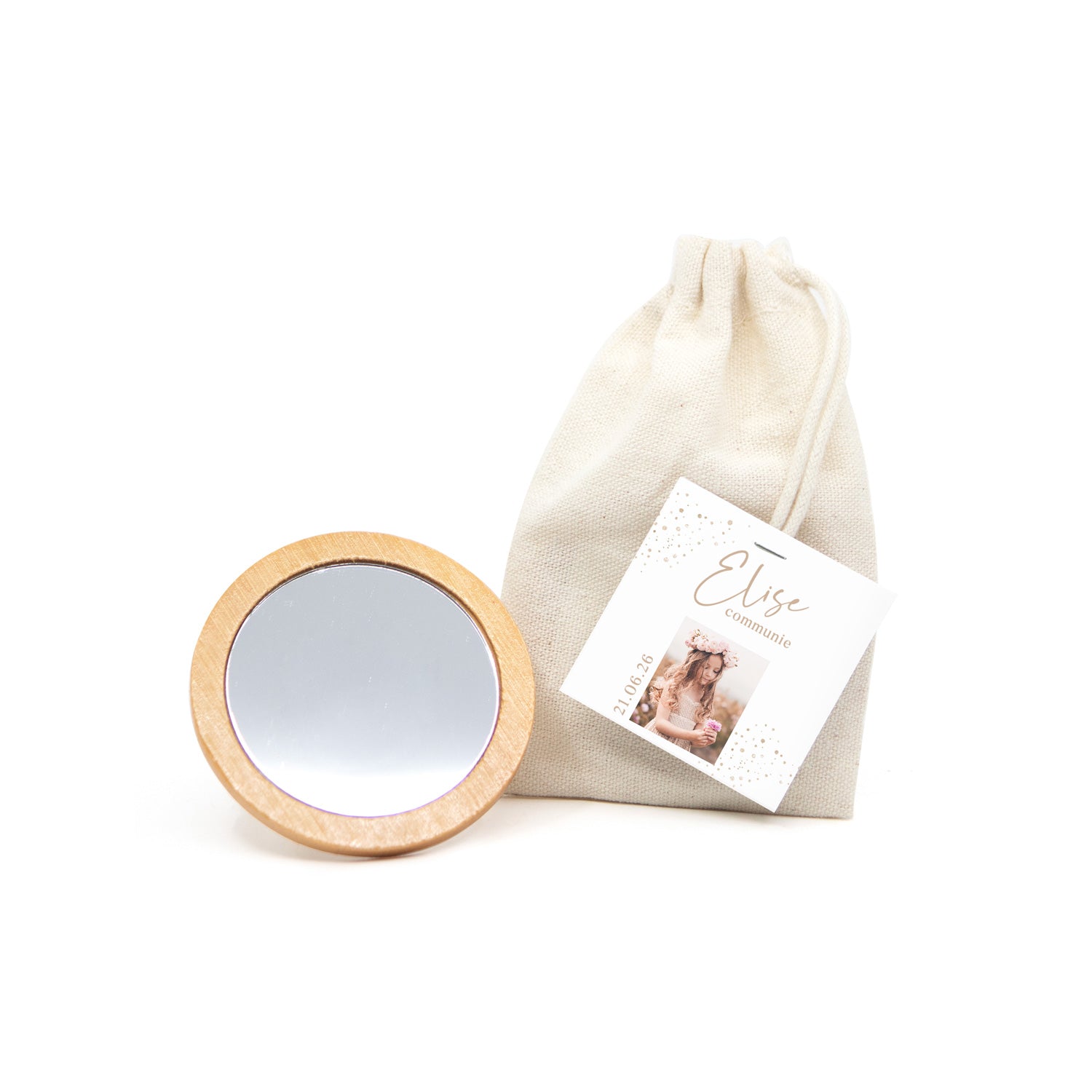 Spiegeltje in katoenen zakje met kaartje - Communie meisjes - Bedankjes.nl