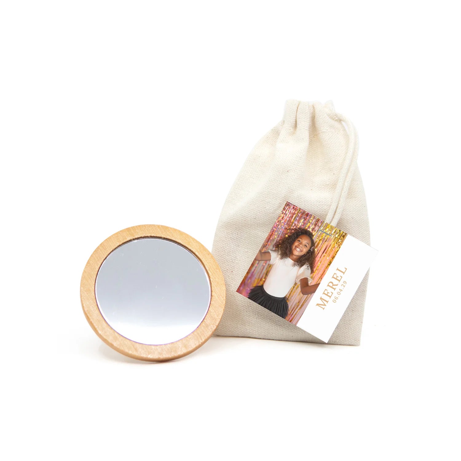 Spiegeltje in katoenen zakje met kaartje - Communie meisjes