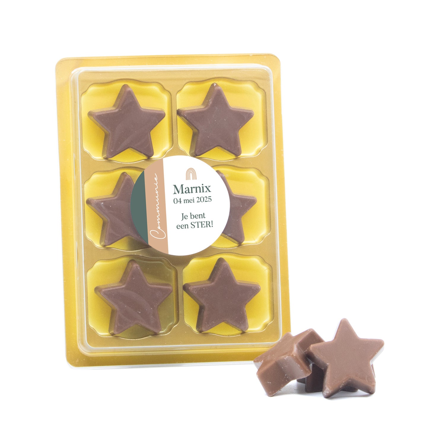 6 Chocolade sterren in blister me eigen tekst - Communie jongens - Bedankjes.nl