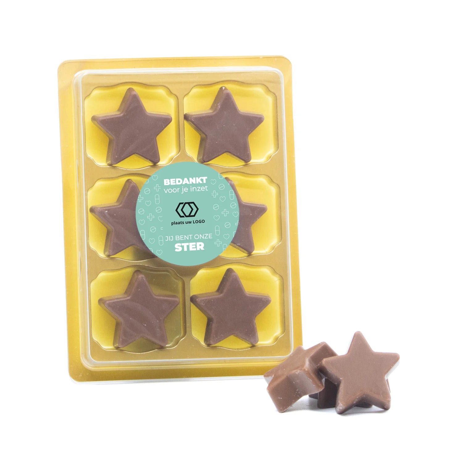 6 Chocolade sterren in blister me eigen tekst - Verpleging - Bedankjes.nl