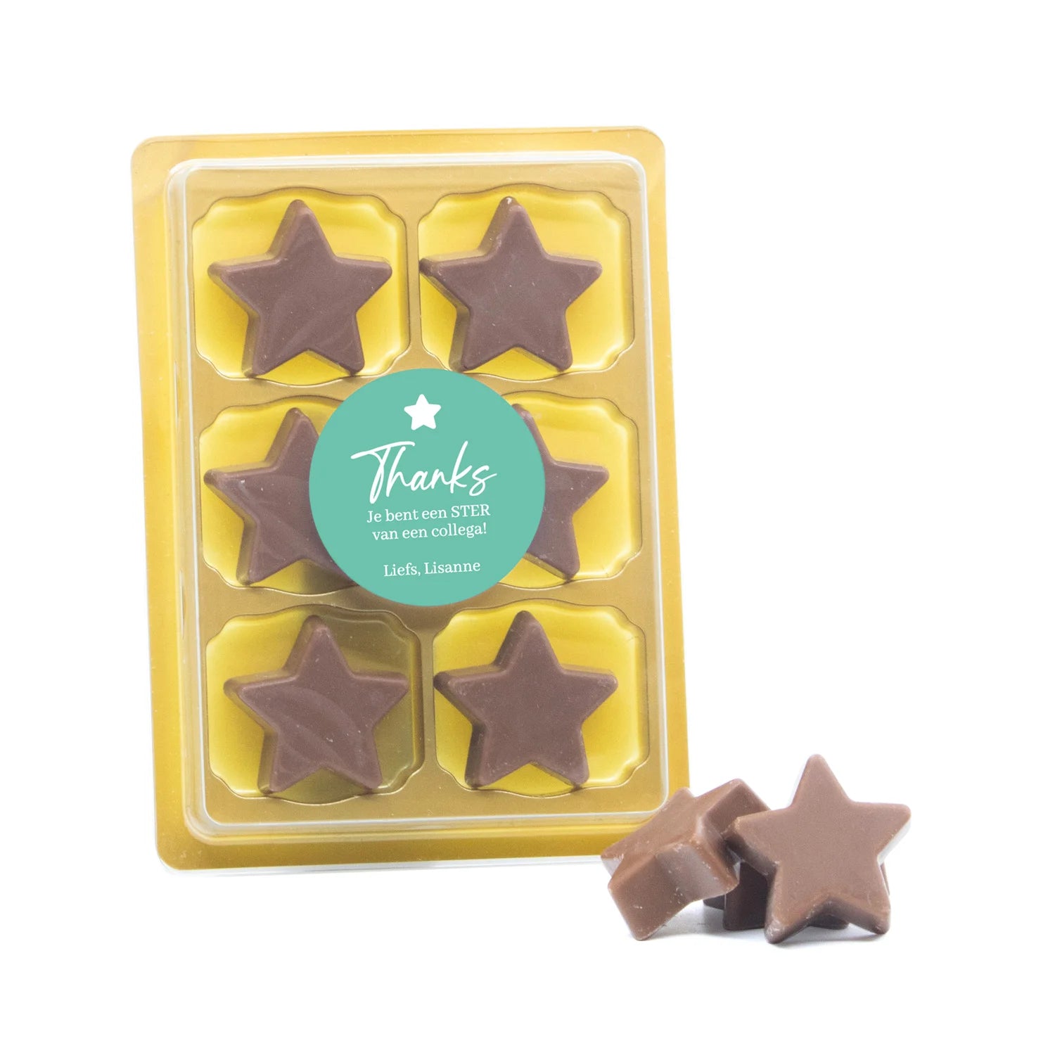 6 Chocolade sterren in blister - Afscheid collega - Bedankjes.nl