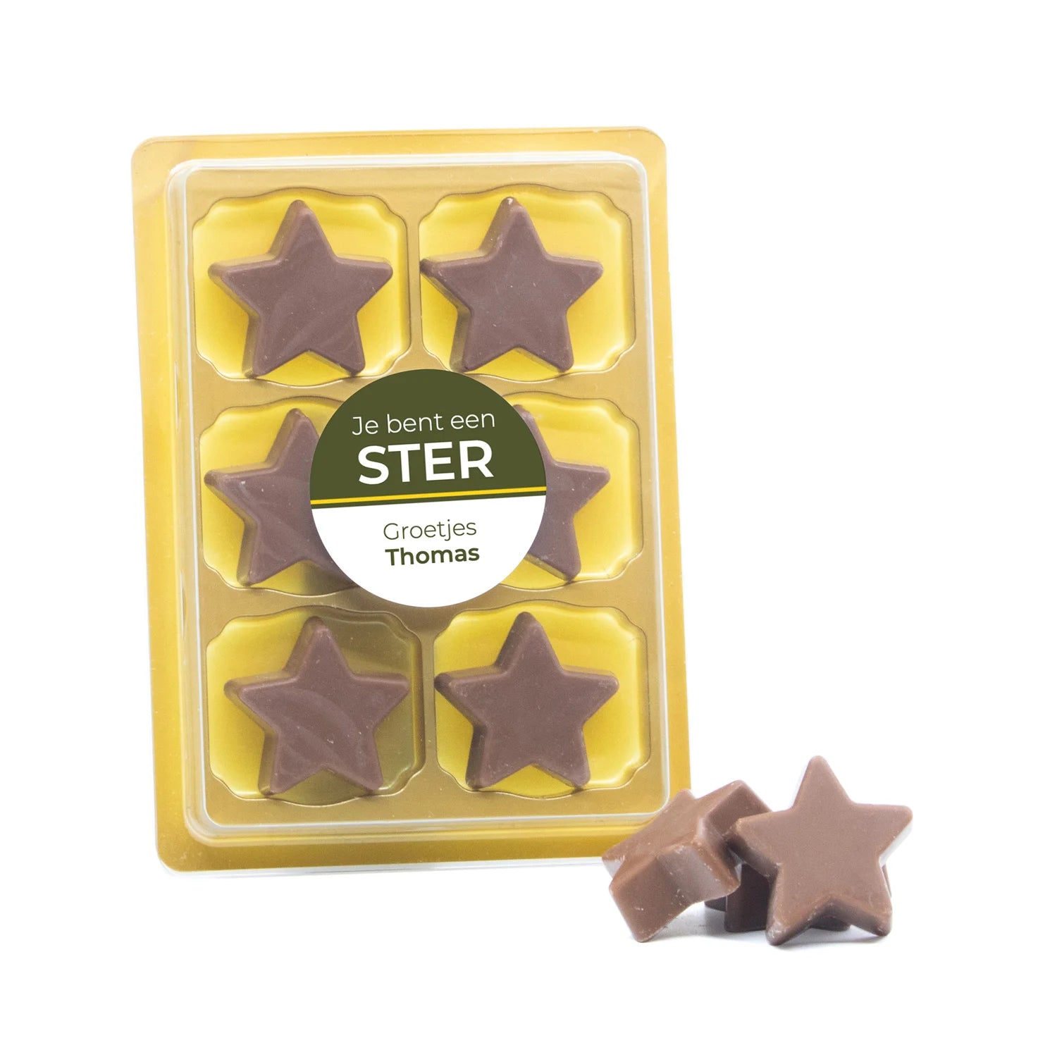 6 Chocolade sterren in blister - Afscheid collega - Bedankjes.nl