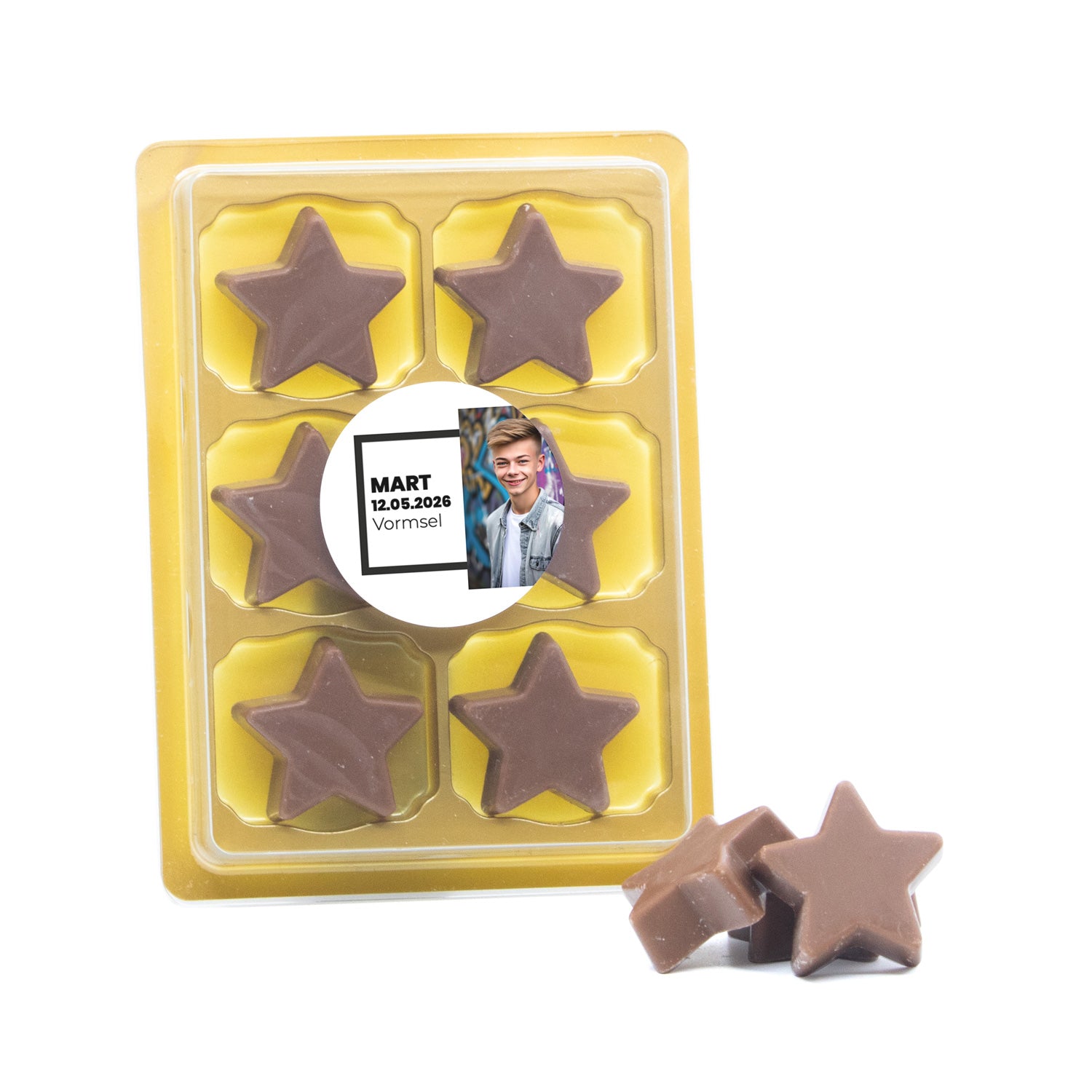 6 Chocolade sterren in blister me eigen tekst - Communie jongens - Bedankjes.nl