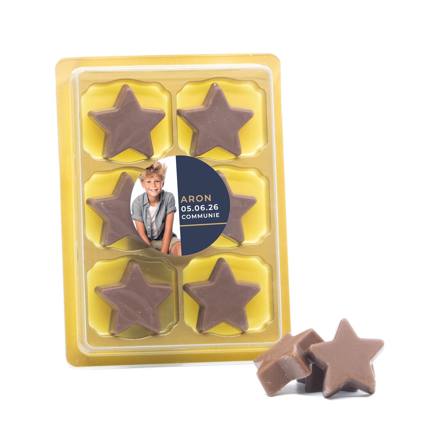 6 Chocolade sterren in blister me eigen tekst - Communie jongens - Bedankjes.nl