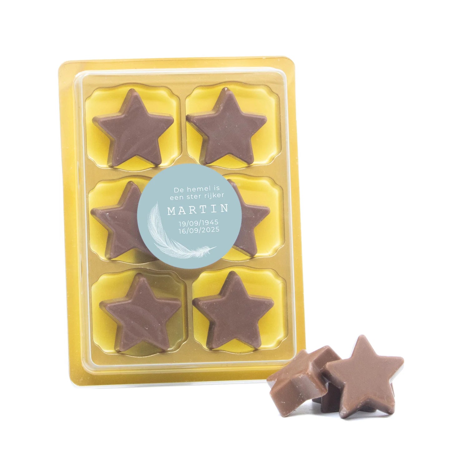 6 Chocolade sterren in blister - Afscheid dierbare - Bedankjes.nl