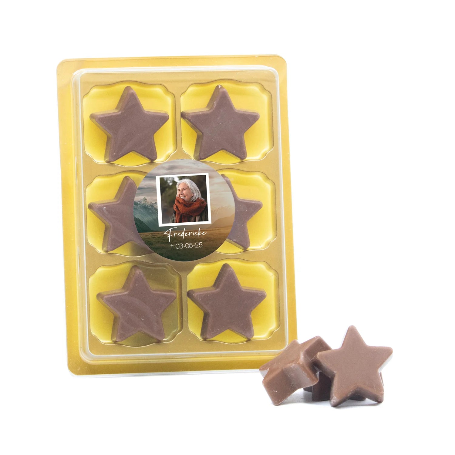 6 Chocolade sterren in blister - Afscheid dierbare - Bedankjes.nl