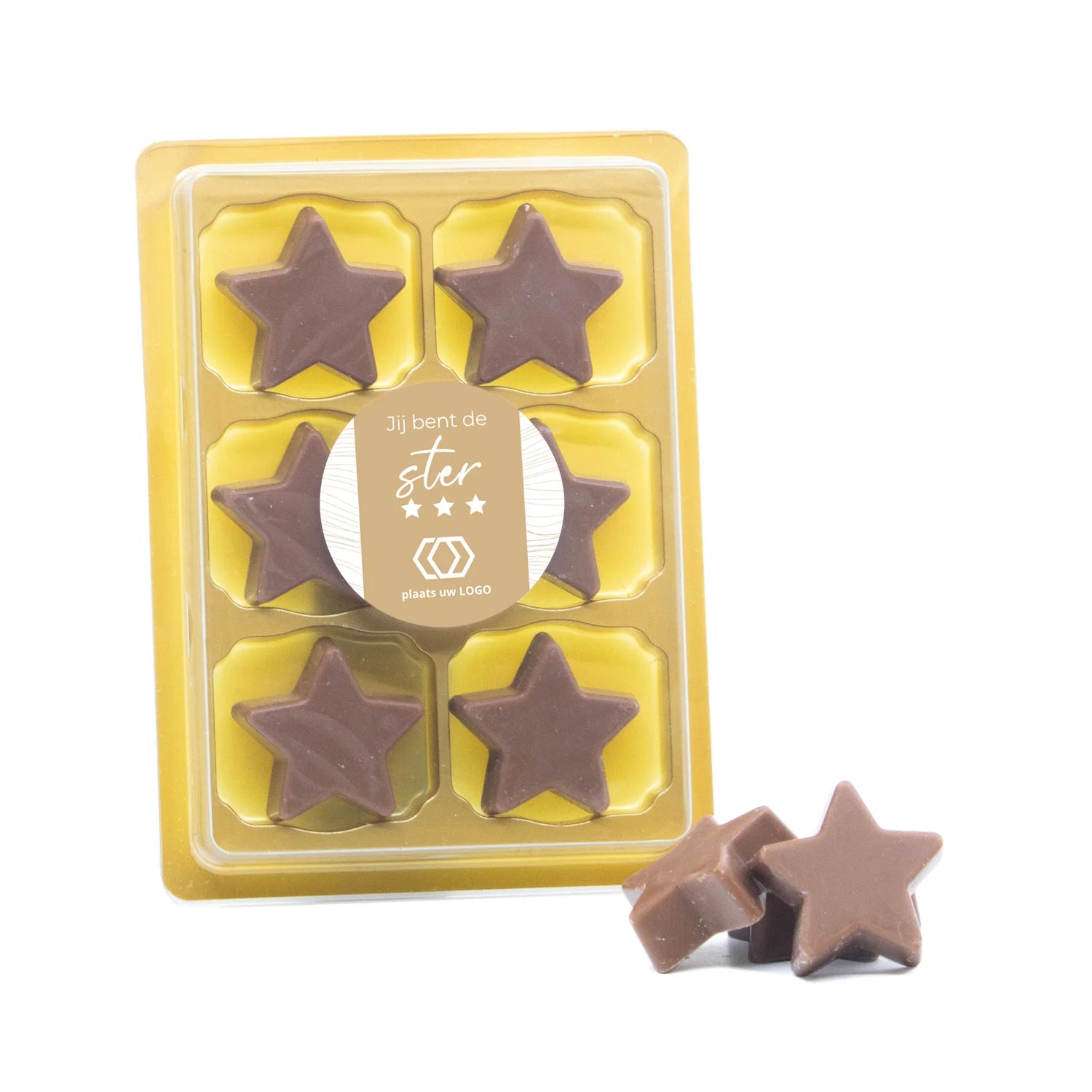 6 Chocolade sterren in blister met eigen tekst - Zakelijk - Bedankjes.nl