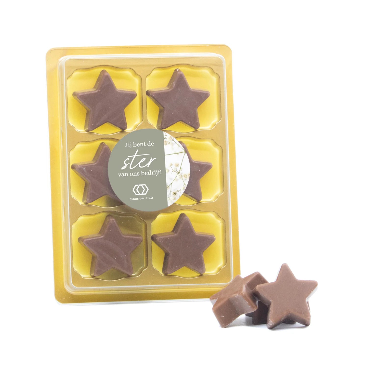 6 Chocolade sterren in blister met eigen tekst - Zakelijk - Bedankjes.nl