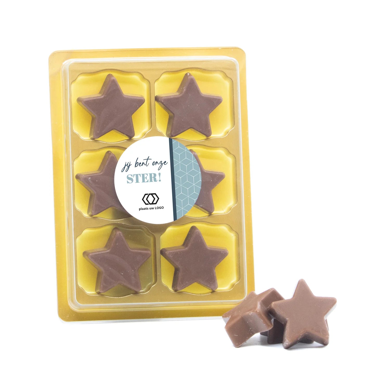 6 Chocolade sterren in blister met eigen tekst - Zakelijk - Bedankjes.nl