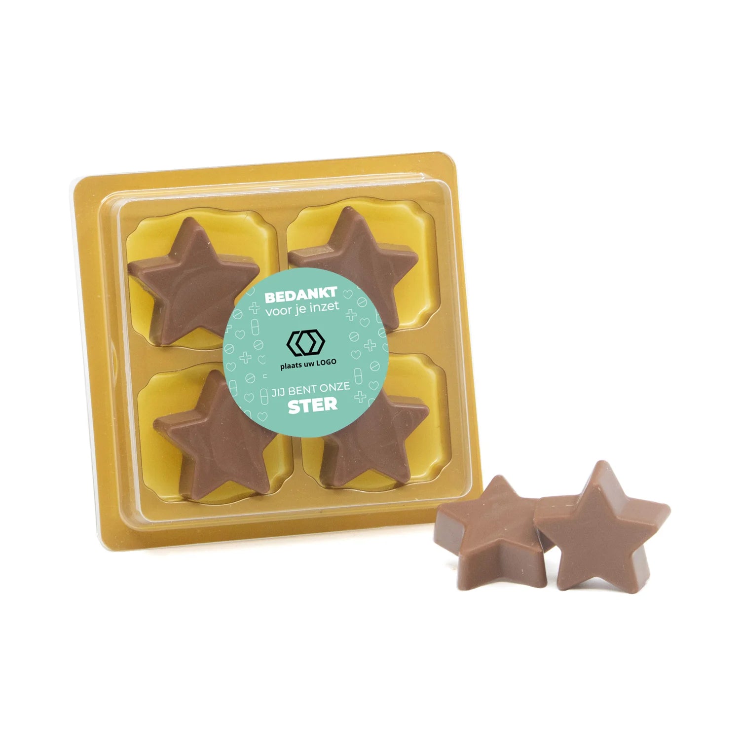 4 Chocolade sterren in blister me eigen tekst - Verpleging - Bedankjes.nl