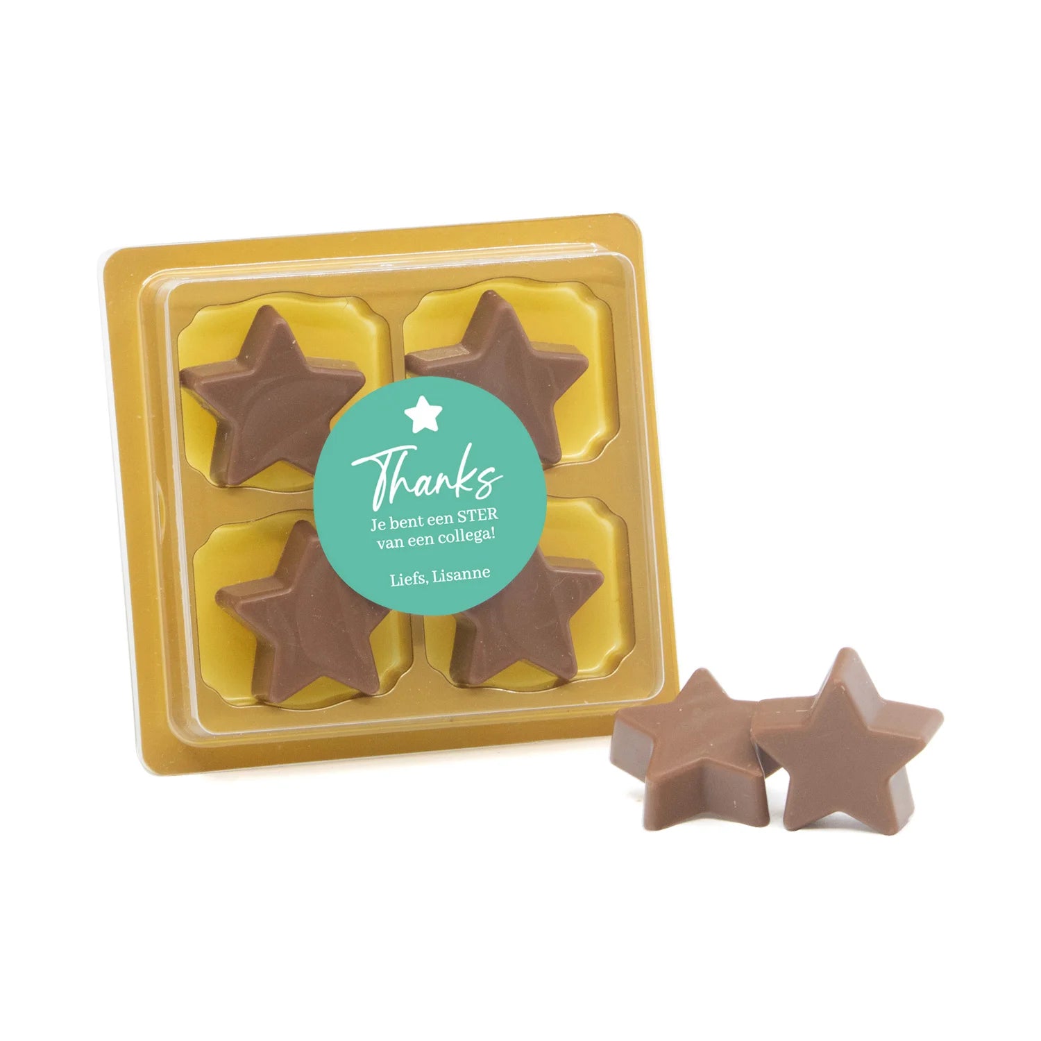 Chocolade sterren in blister 4 - Afscheid collega - Bedankjes.nl