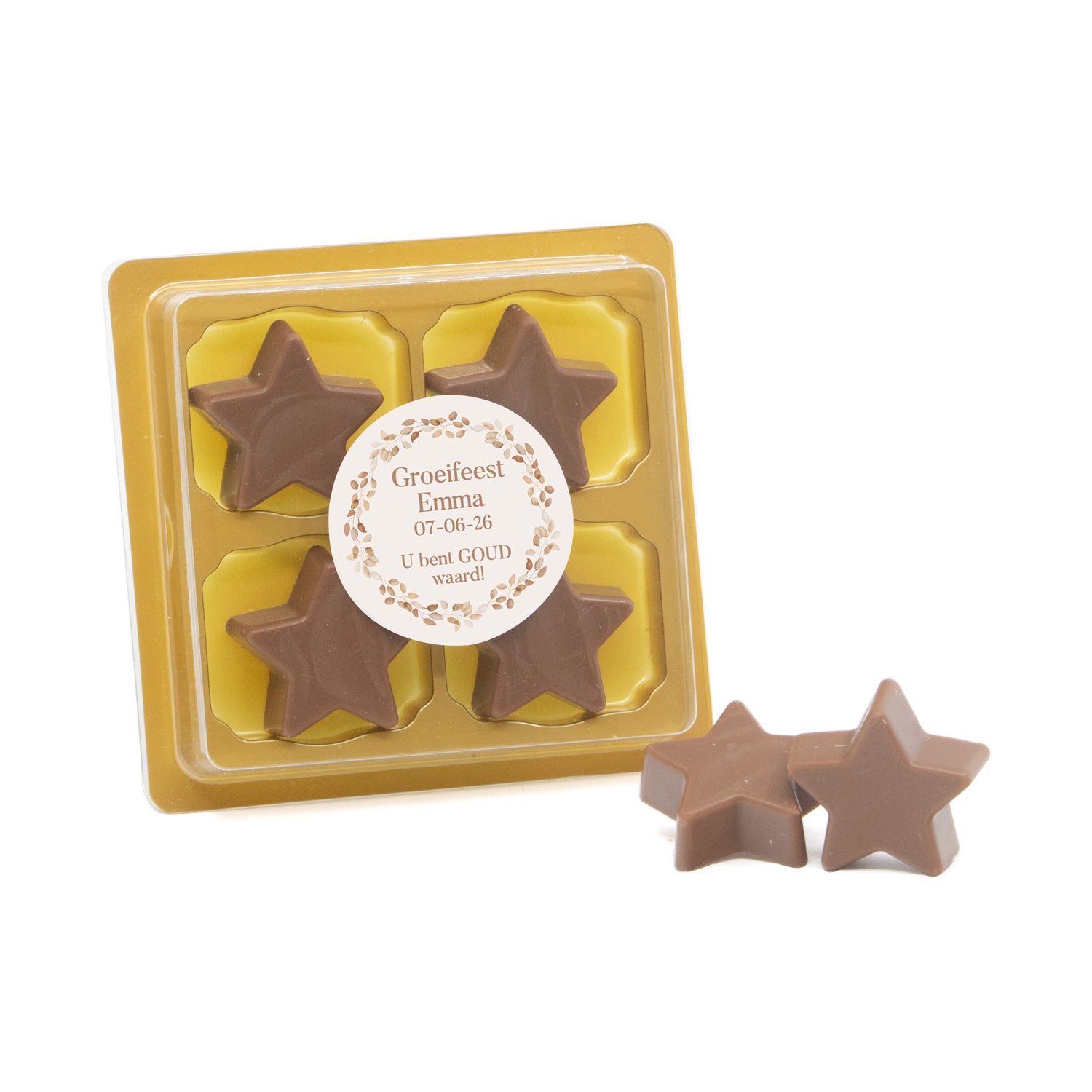 4 Chocolade sterren in blister me eigen tekst - Communie meisjes - Bedankjes.nl