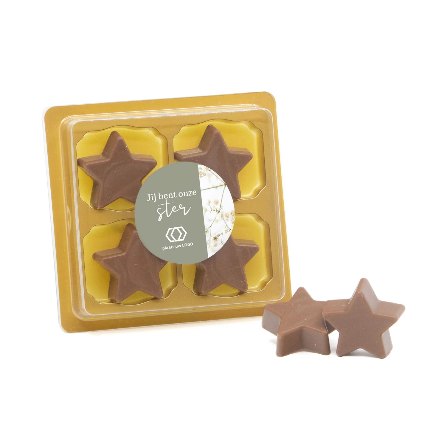 4 Chocolade sterren in blister me eigen tekst - Vrijwilliger - Bedankjes.nl