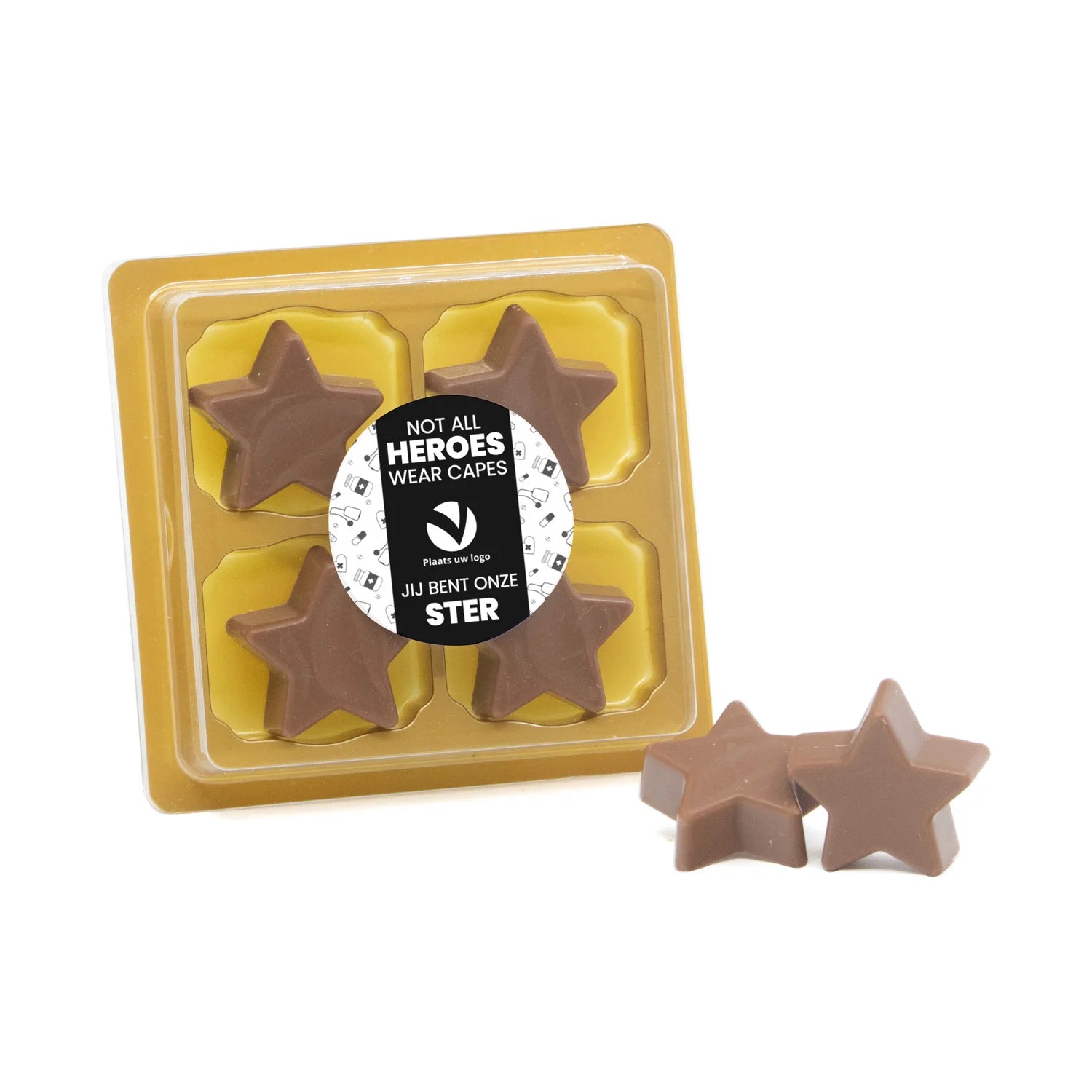4 Chocolade sterren in blister me eigen tekst - Verpleging - Bedankjes.nl