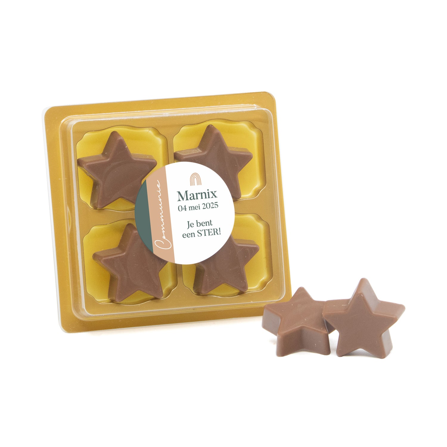 4 Chocolade sterren in blister me eigen tekst - Communie jongens - Bedankjes.nl