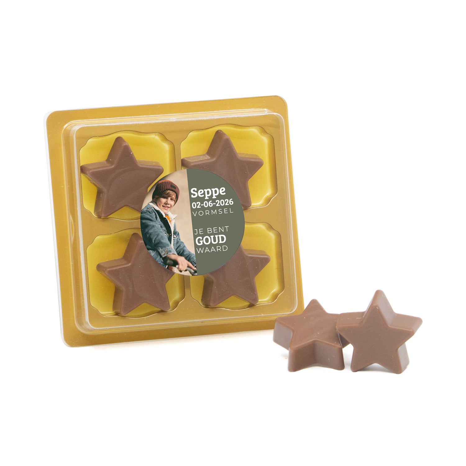 4 Chocolade sterren in blister me eigen tekst - Communie jongens - Bedankjes.nl
