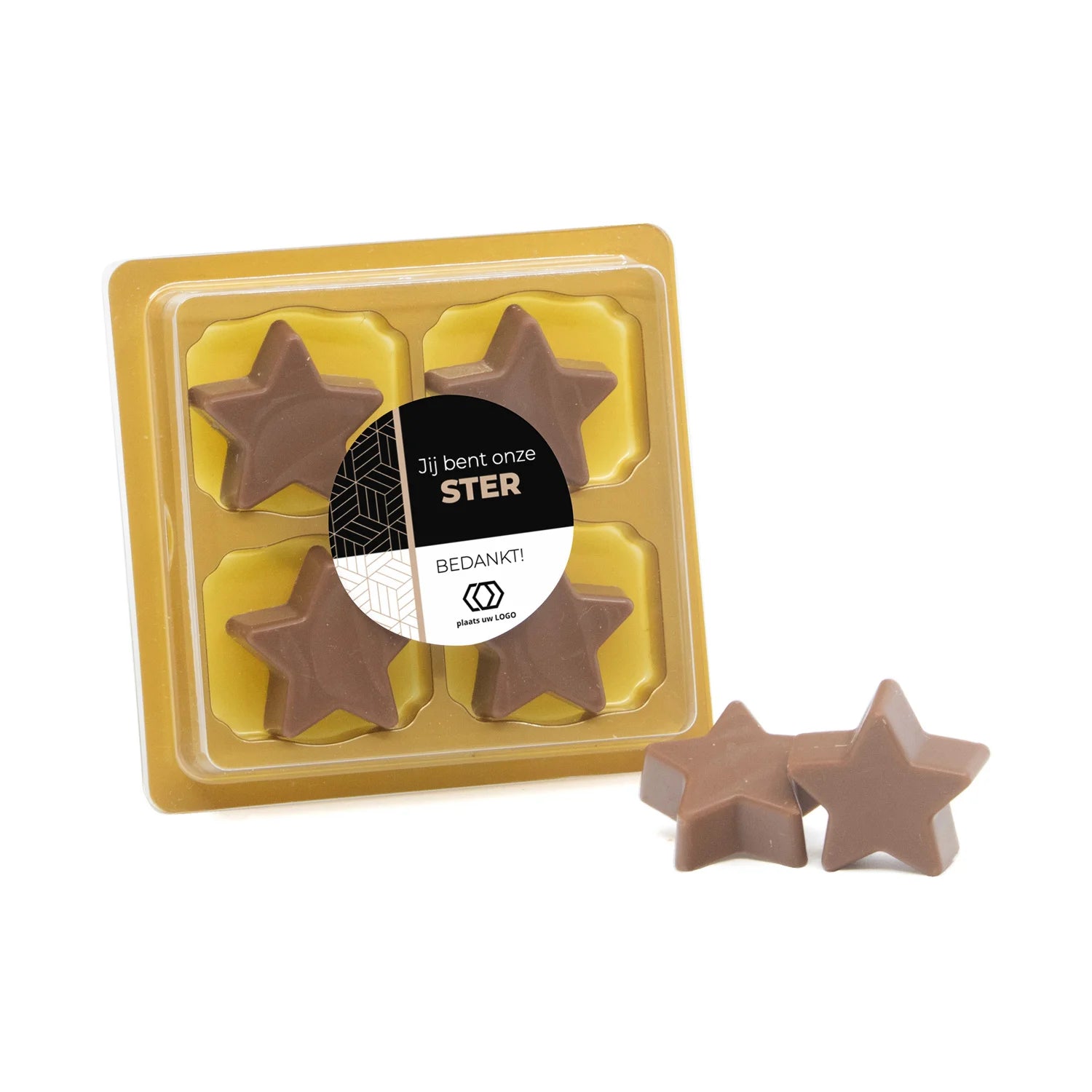 4 Chocolade sterren in blister me eigen tekst - Vrijwilliger - Bedankjes.nl