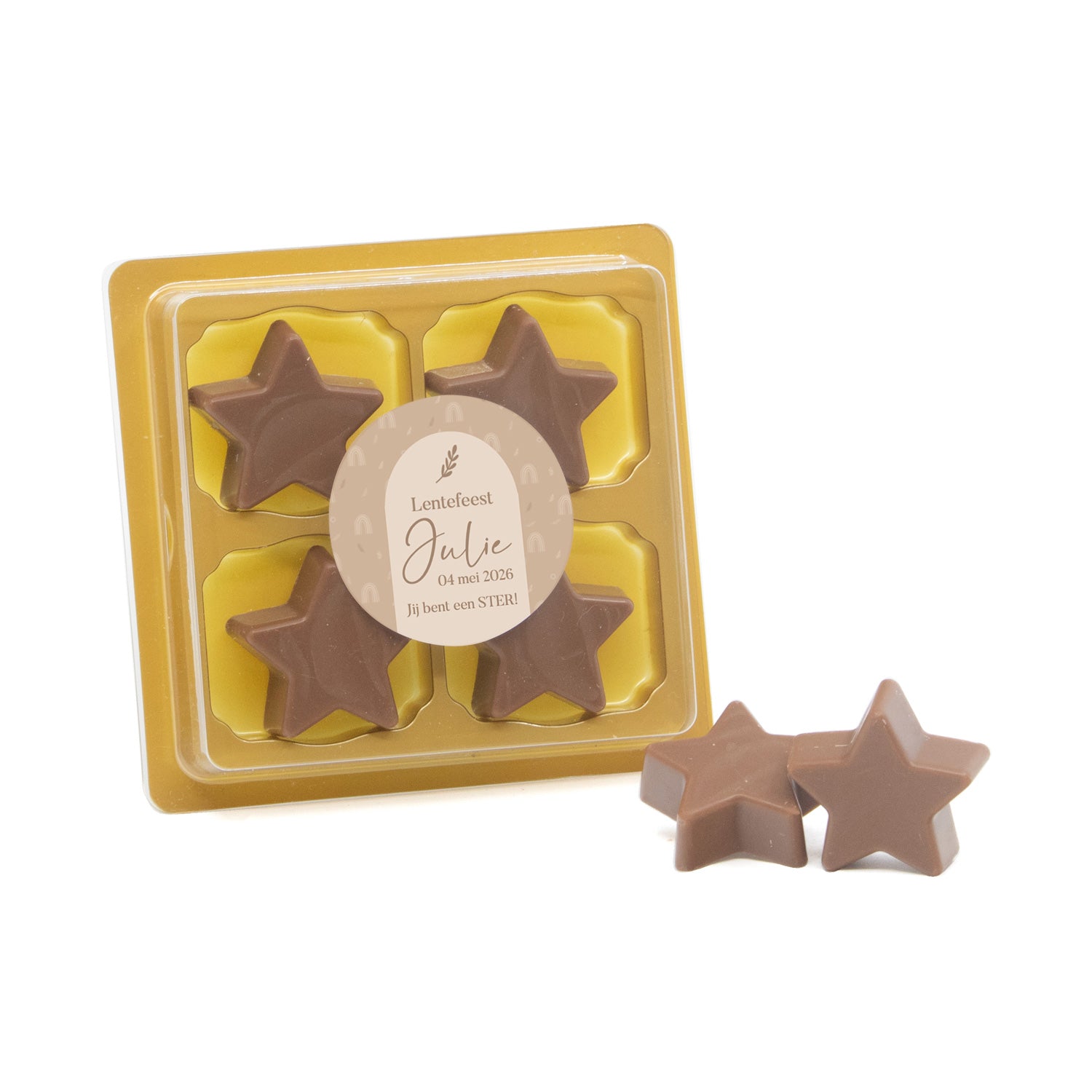 4 Chocolade sterren in blister me eigen tekst - Communie meisjes - Bedankjes.nl