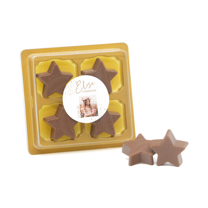 4 Chocolade sterren in blister met eigen tekst - Communie meisjes 4 Chocolade sterren in blister met eigen tekst - Communie meisjes