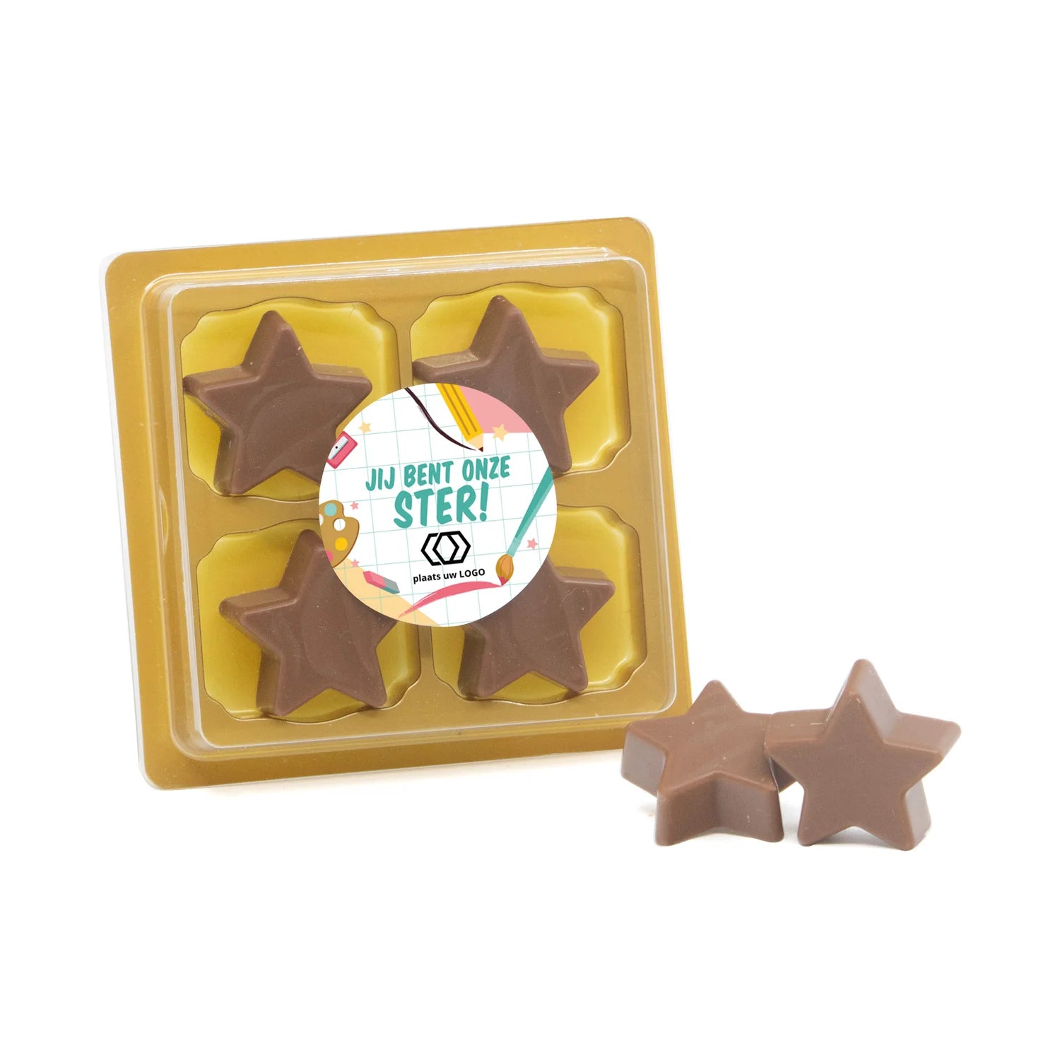 4 Chocolade sterren in blister met eigen tekst - Leraar - Bedankjes.nl