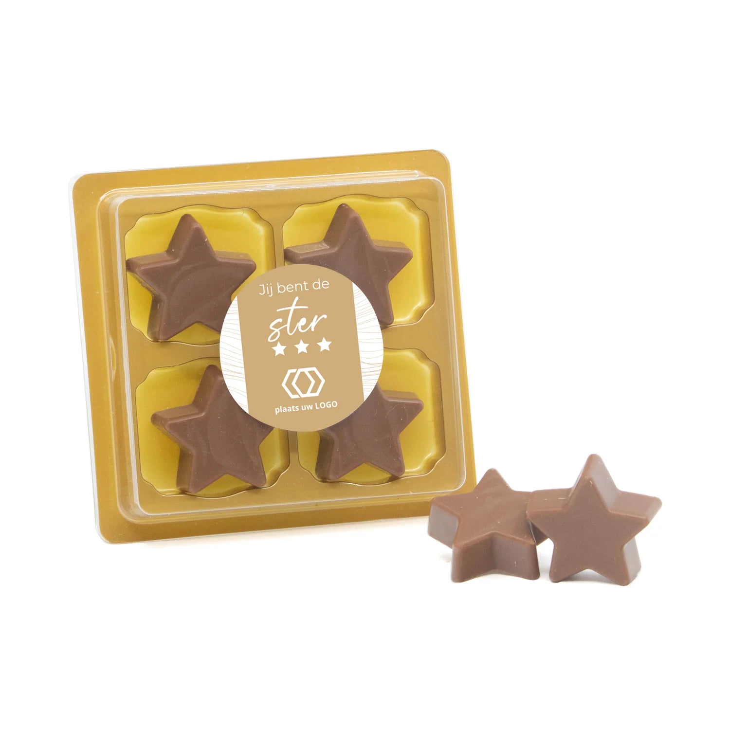 4 Chocolade sterren in blister met eigen tekst - zakelijk - Bedankjes.nl