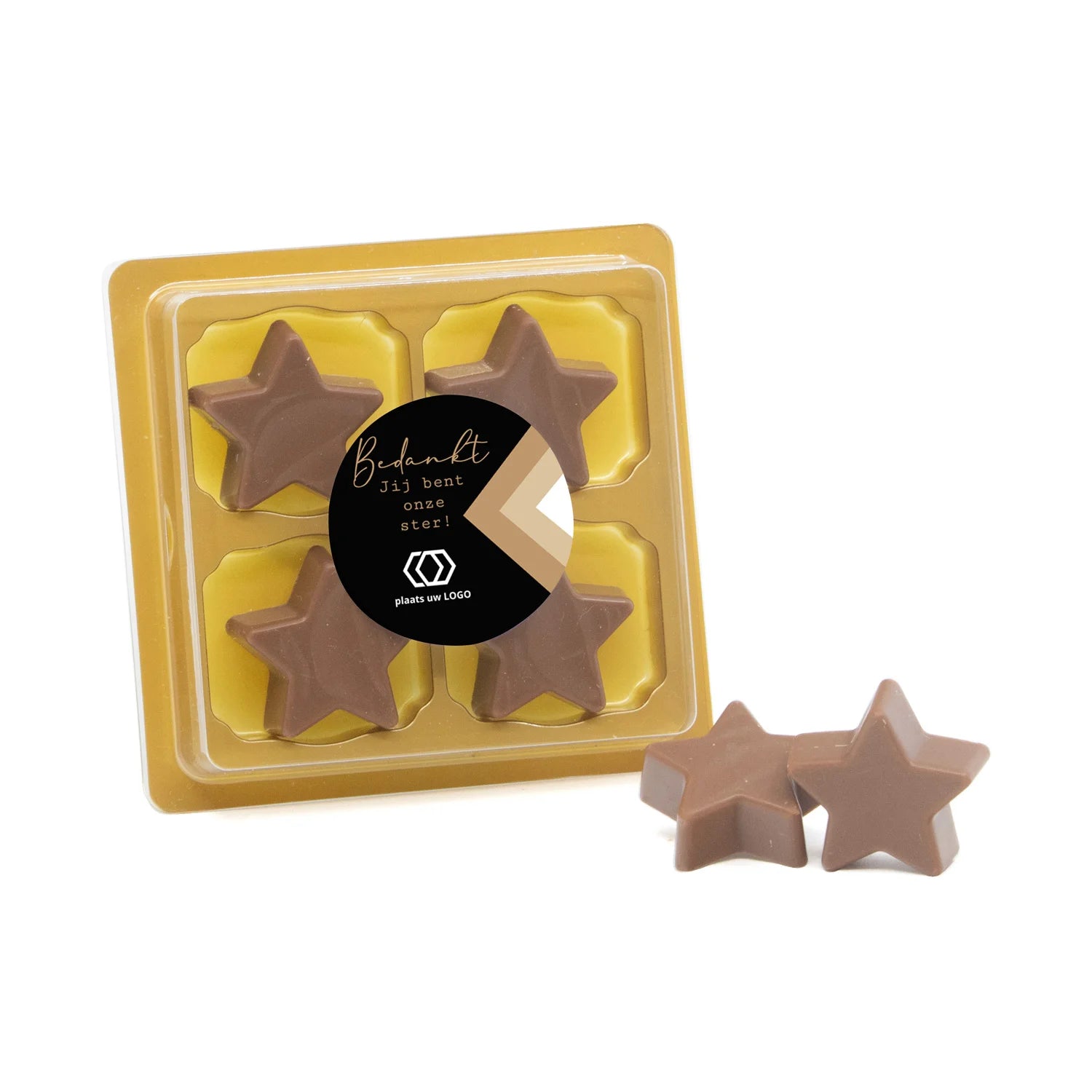 4 Chocolade sterren in blister met eigen tekst - zakelijk - Bedankjes.nl