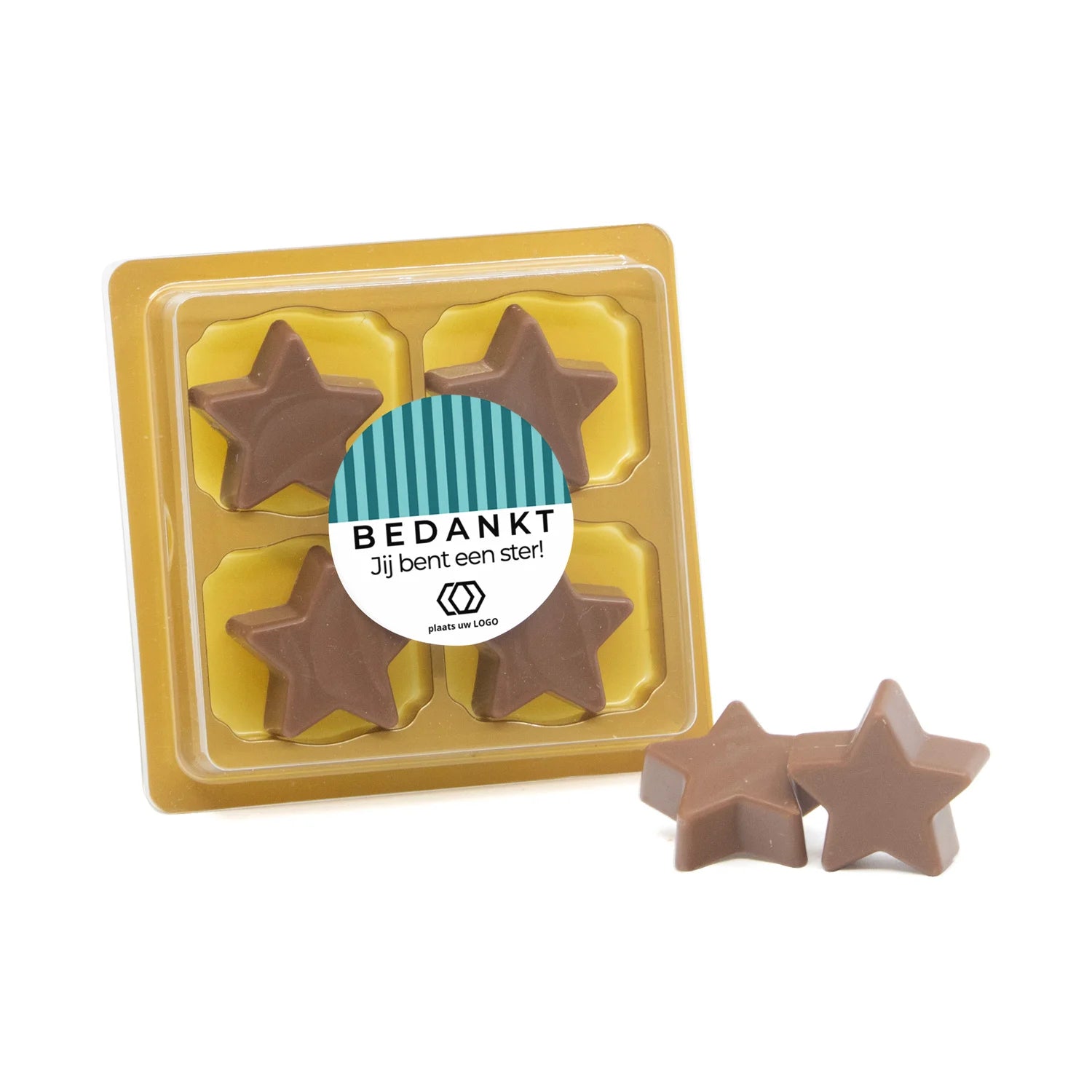 4 Chocolade sterren in blister me eigen tekst - Vrijwilliger - Bedankjes.nl