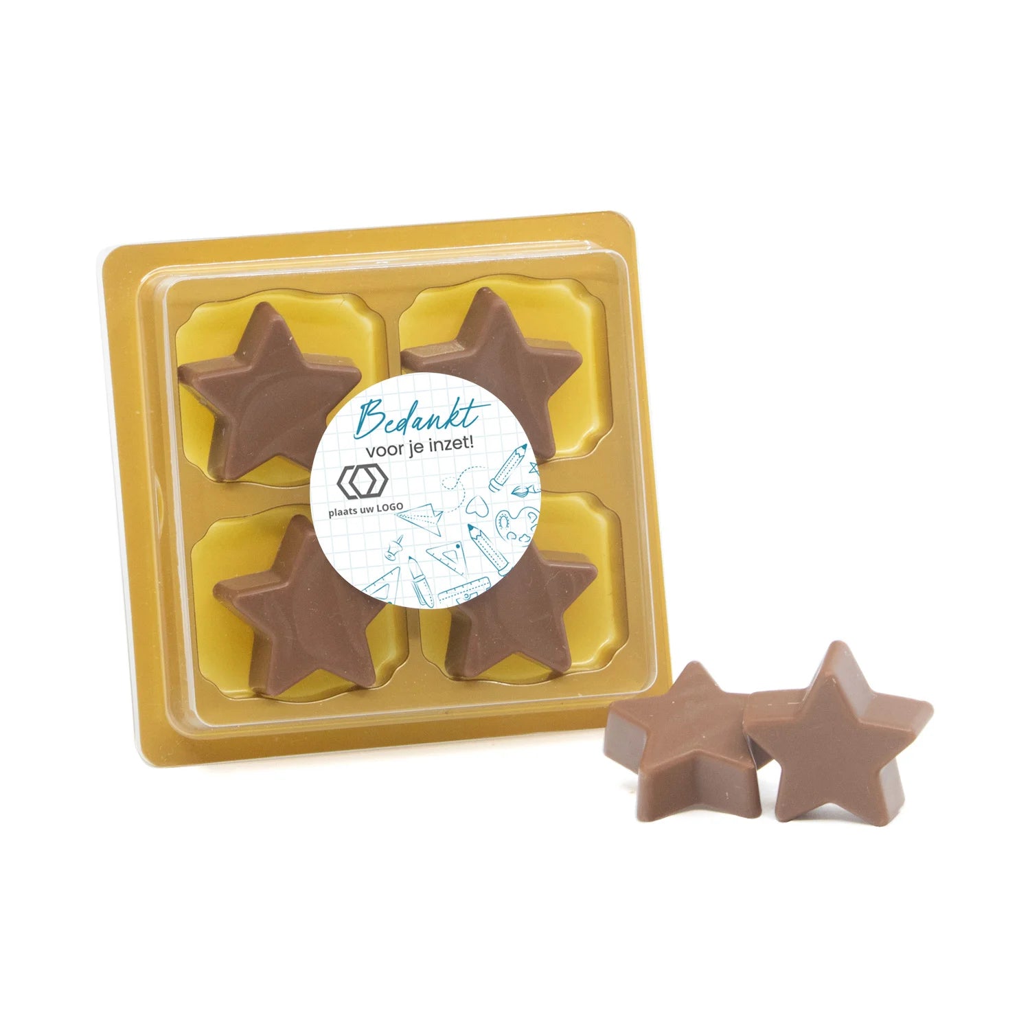 4 Chocolade sterren in blister met eigen tekst - Leraar - Bedankjes.nl