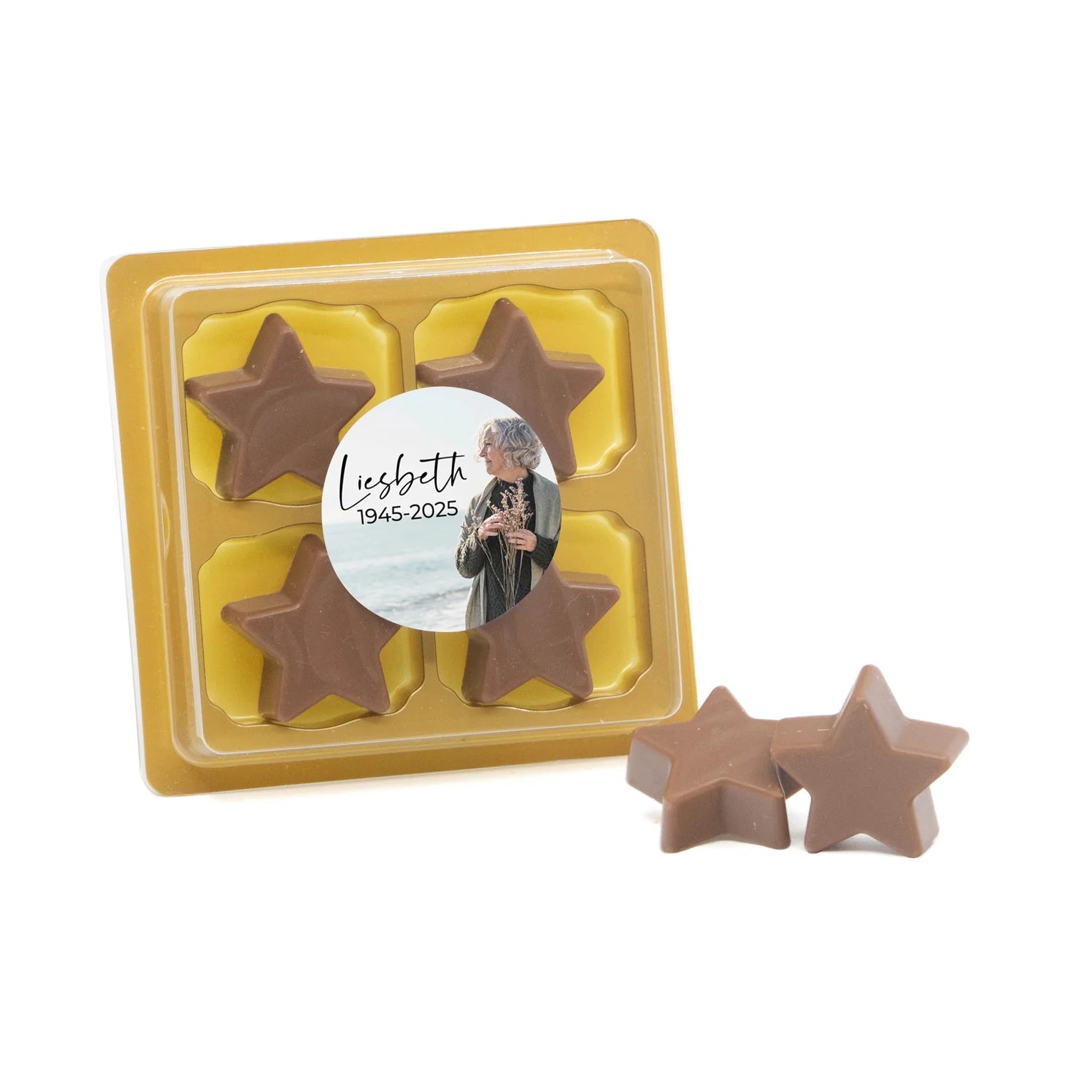 4 Chocolade sterren in blister - Afscheid dierbare - Bedankjes.nl