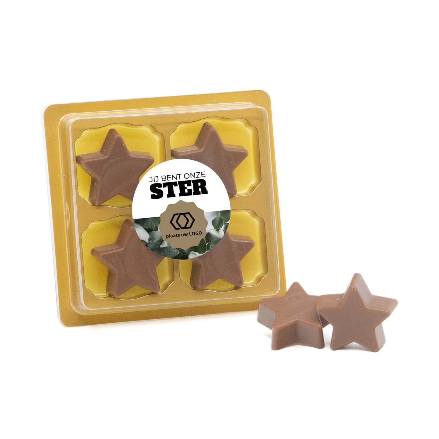 4 Chocolade sterren in blister met eigen tekst - zakelijk - Bedankjes.nl