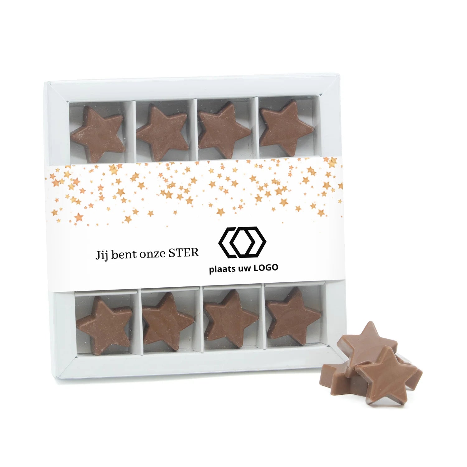 Geschenkdoos 16 chocolade sterren met logo - Kerst - Bedankjes.nl