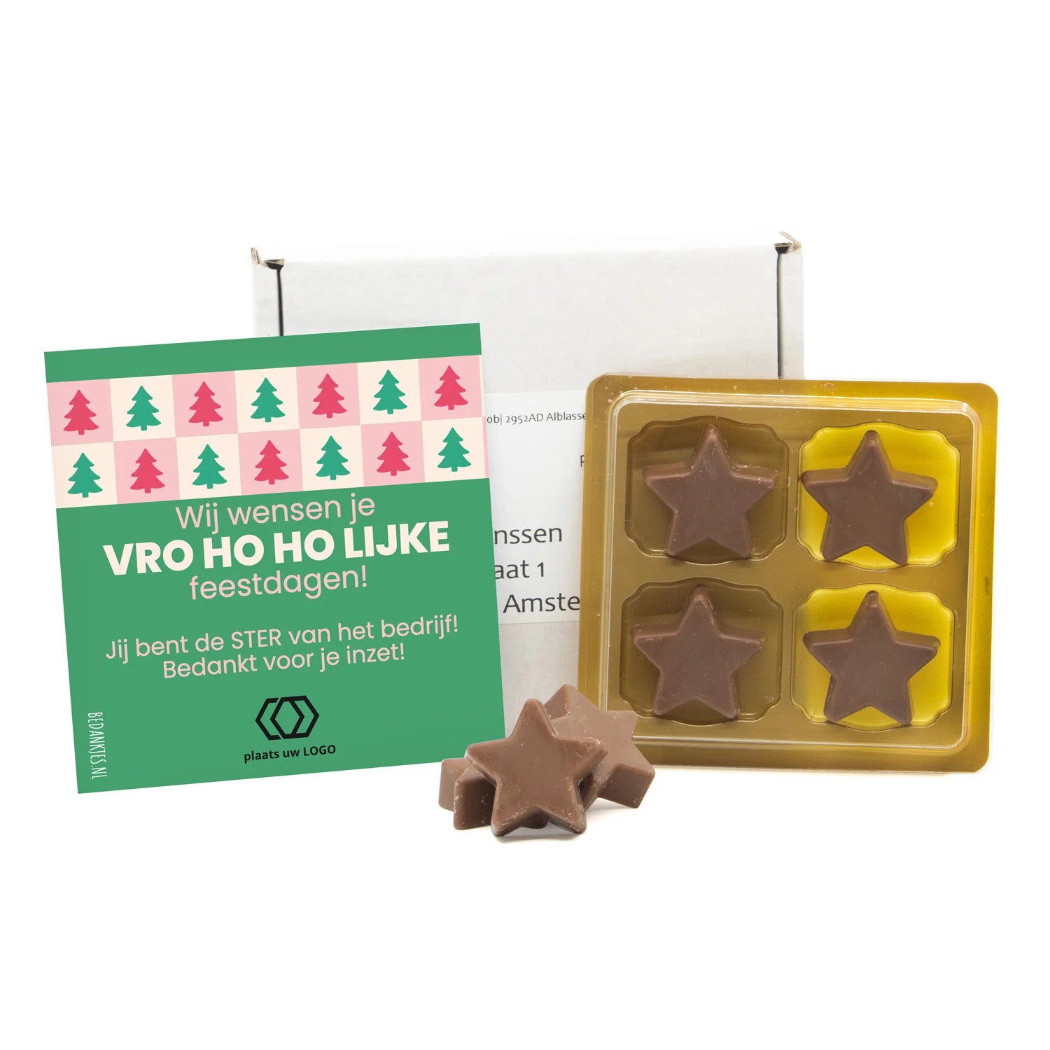Doosje met chocolade kerststerren in blister 4 - Kerst - Bedankjes.nl