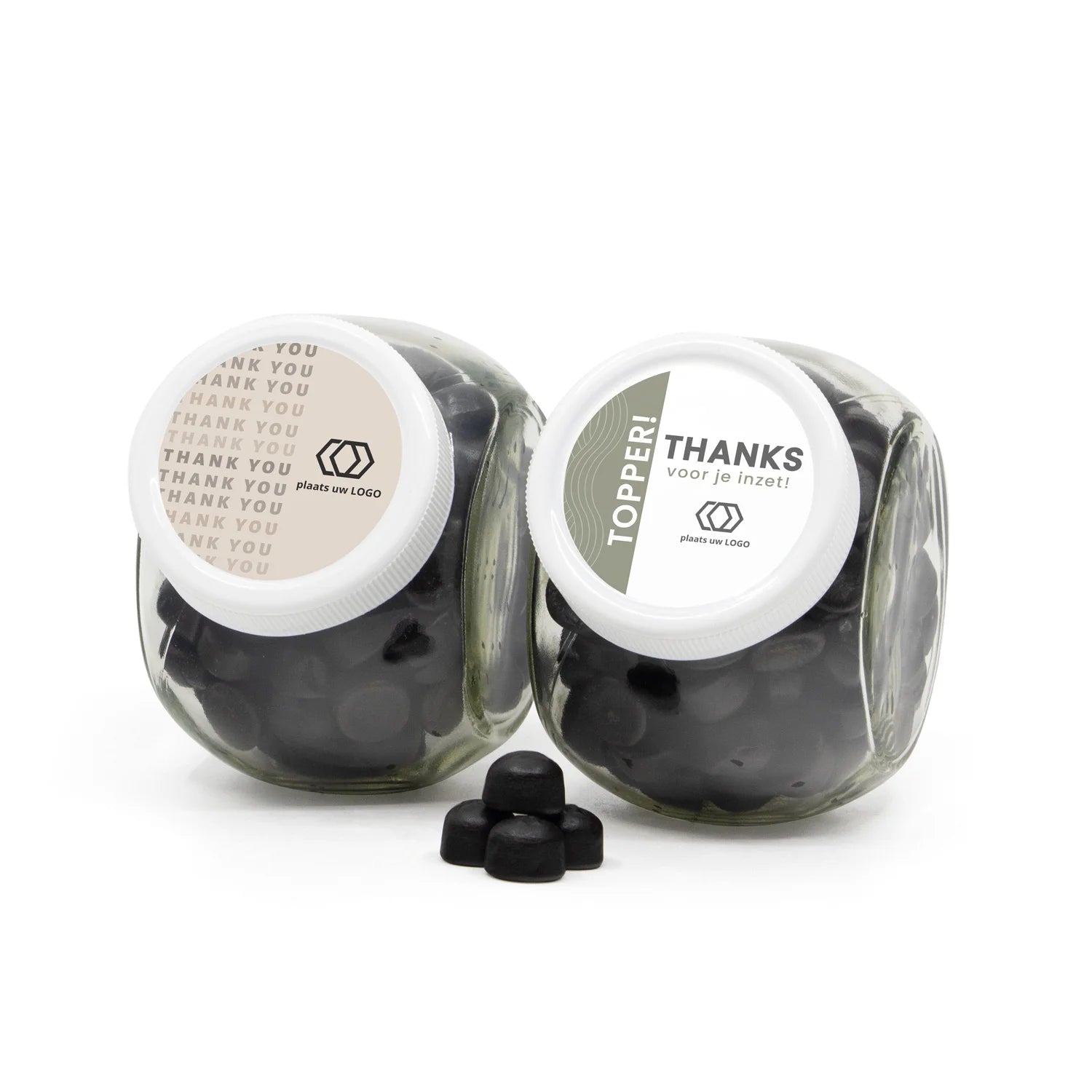 Glazen snoeppot 0,4L met eigen etiket - Zakelijk