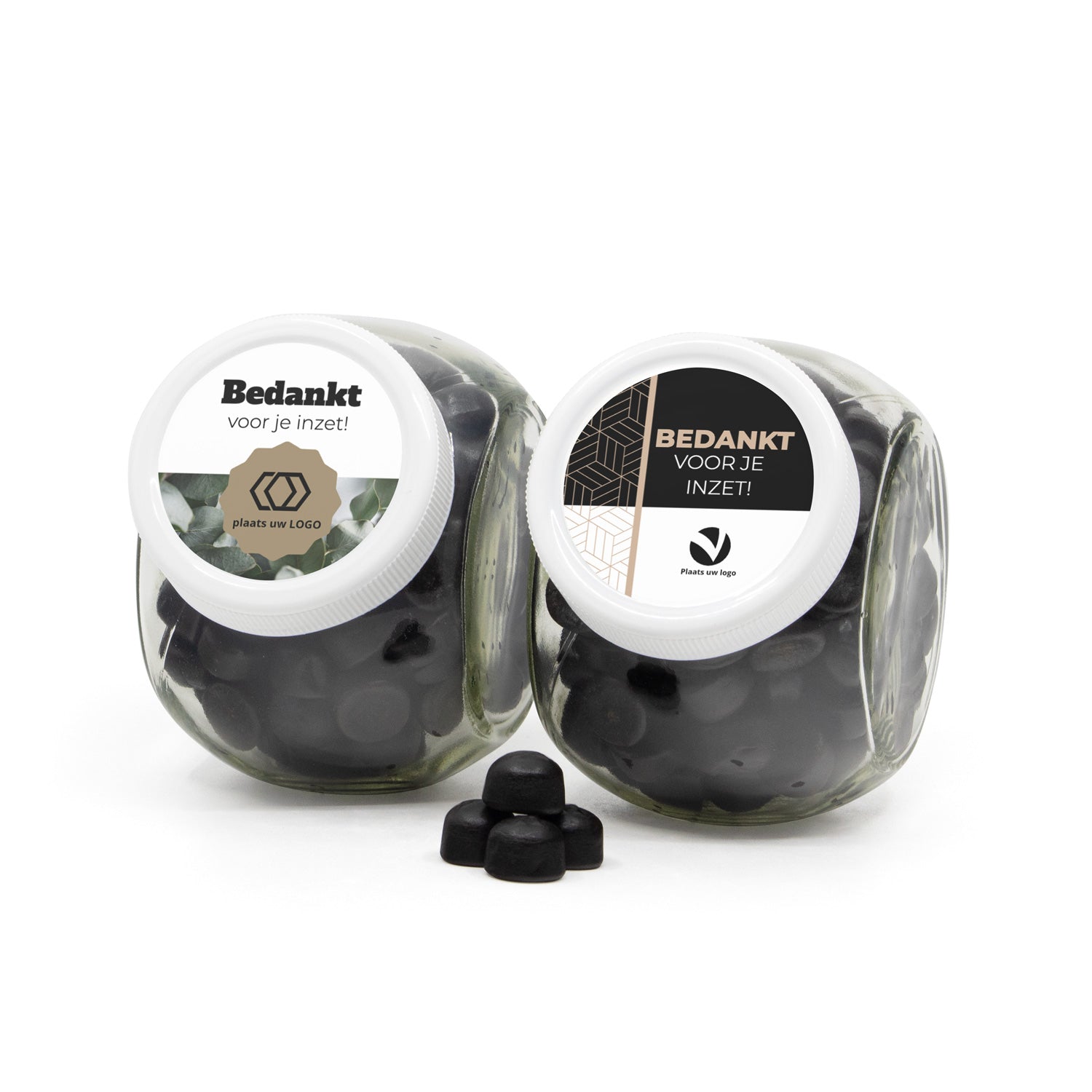 Glazen snoeppot met stickers - Zakelijk - Bedankjes.nl