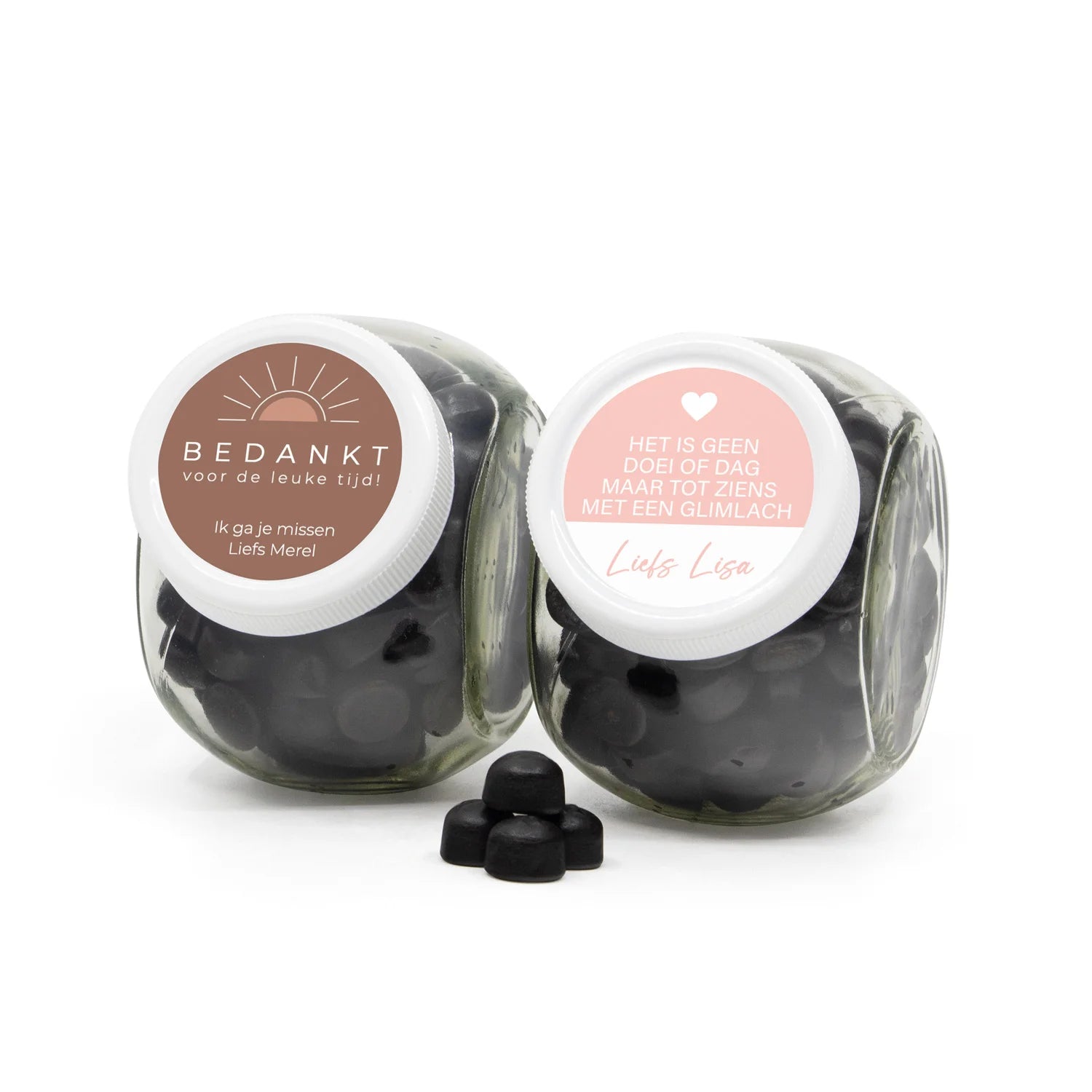 Glazen snoeppot 0,4L met persoonlijke sticker - Afscheid Collega's - Bedankjes.nl